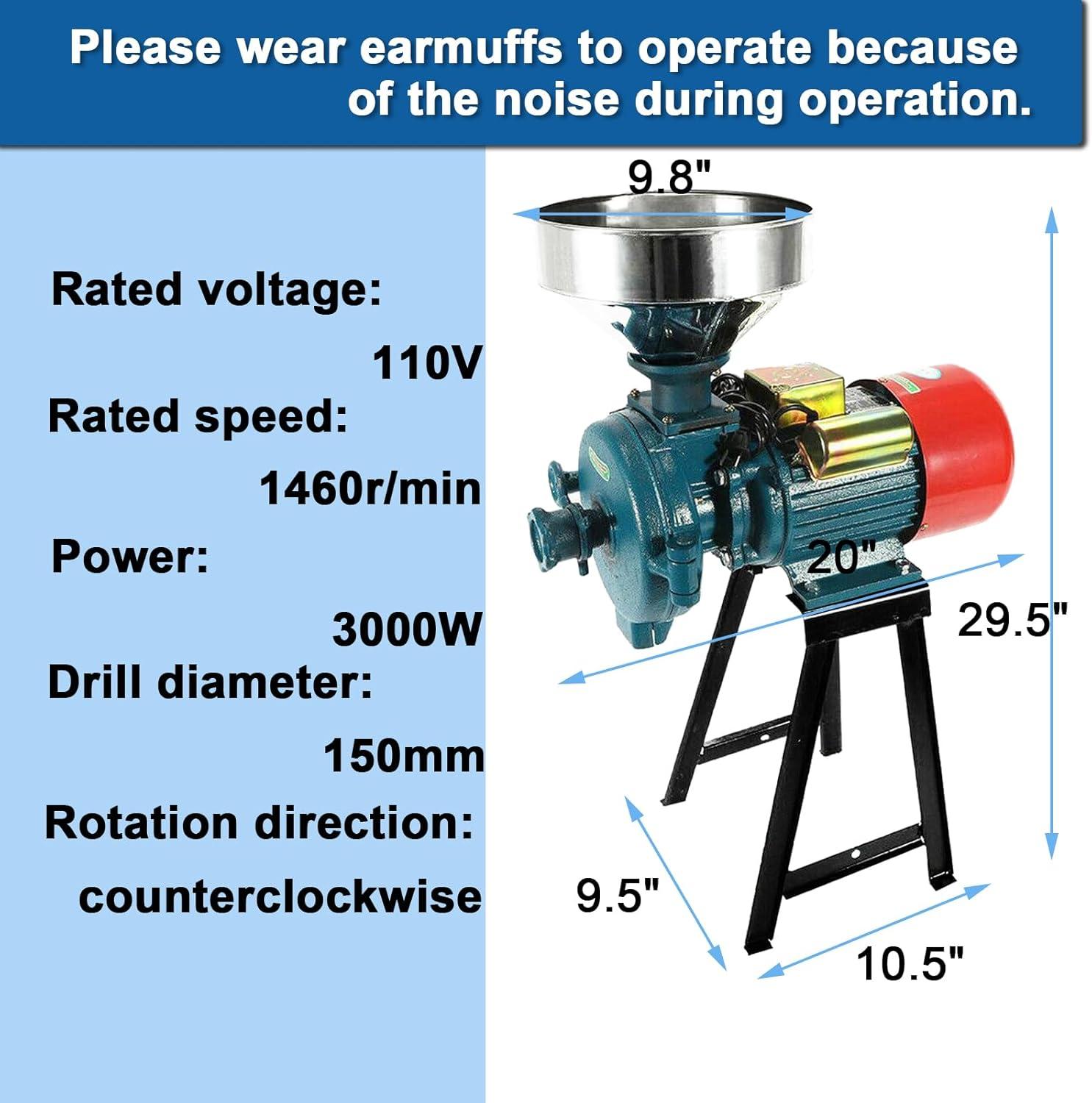 Grain Mills, Upgraded 3000W Wet Dry Cereals Grinder Electric Grain Grinder Corn Mill Heavy Duty 110V Commercial Grain Grinder Machine With Funnel