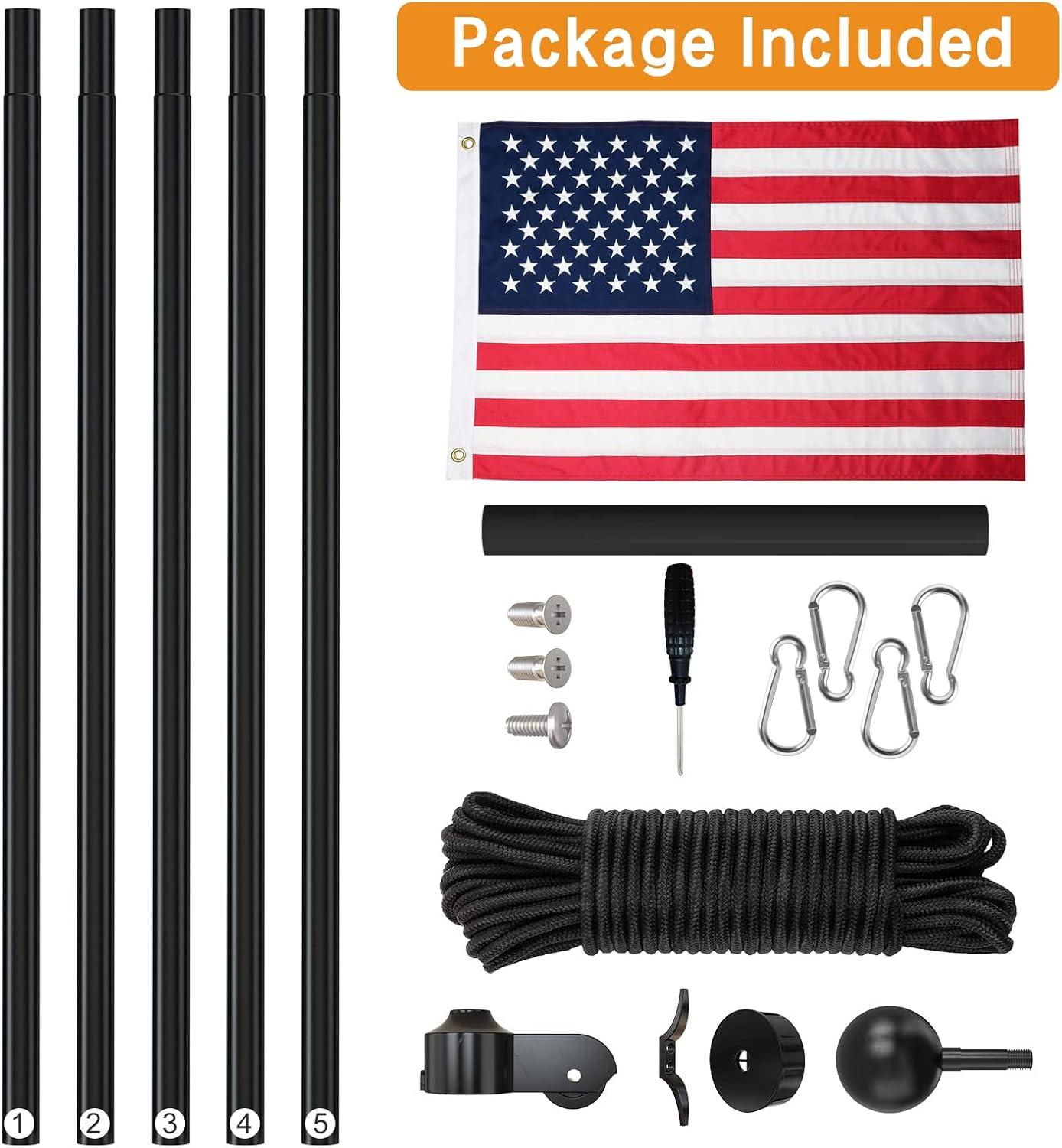 20 FT Sectional Flag Pole for Outside Inground, Heavy Duty Aluminum Flag Poles with 3'x 5' American Flag & Golden Ball Topper, Flag Pole Kit for Yard, Residential and Commercial