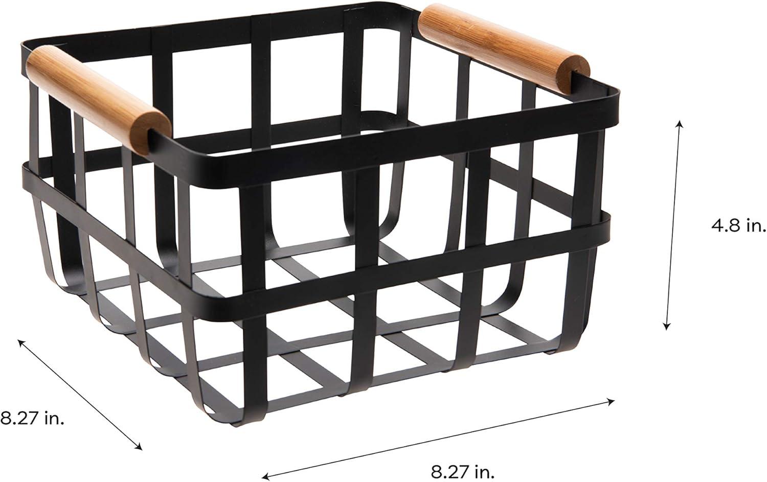 Square Metal Basket With Bamboo Handles Black - Bath Bliss