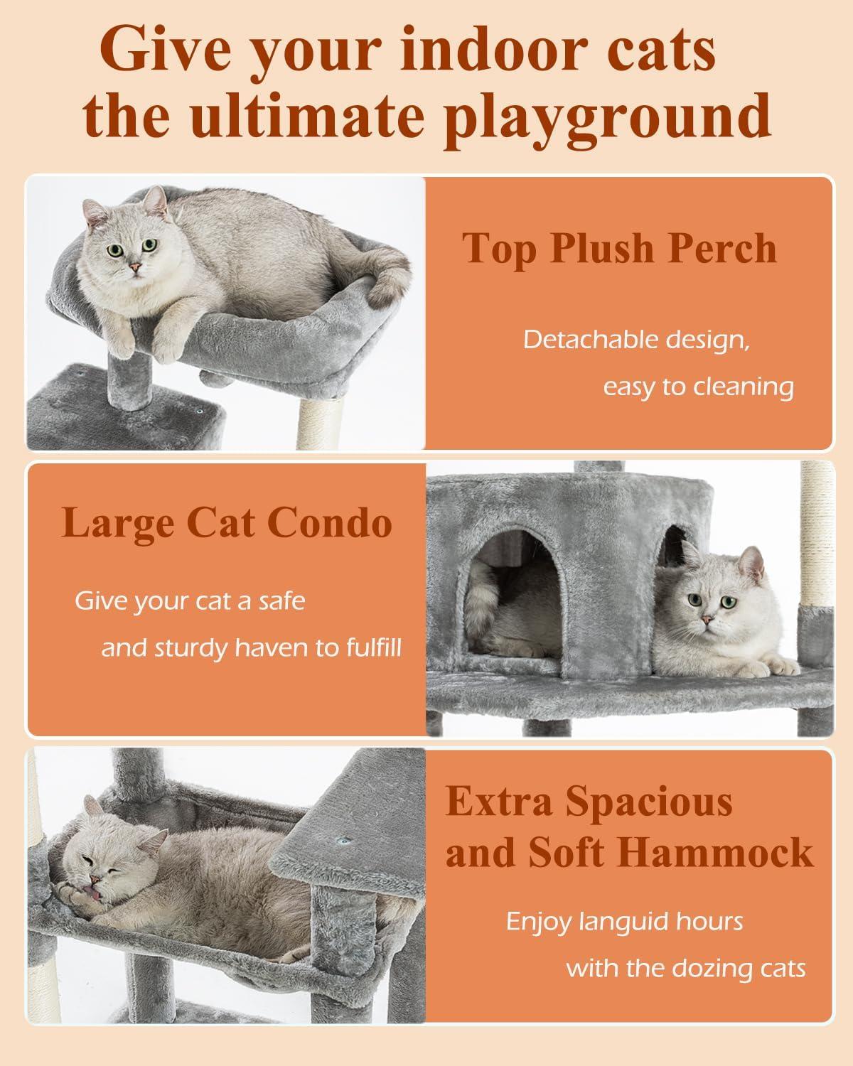 56.3" Indoor Multi-Level Tall Cat Tower With Large Hammock, Scratching Posts, Cozy Condo And Top Perch