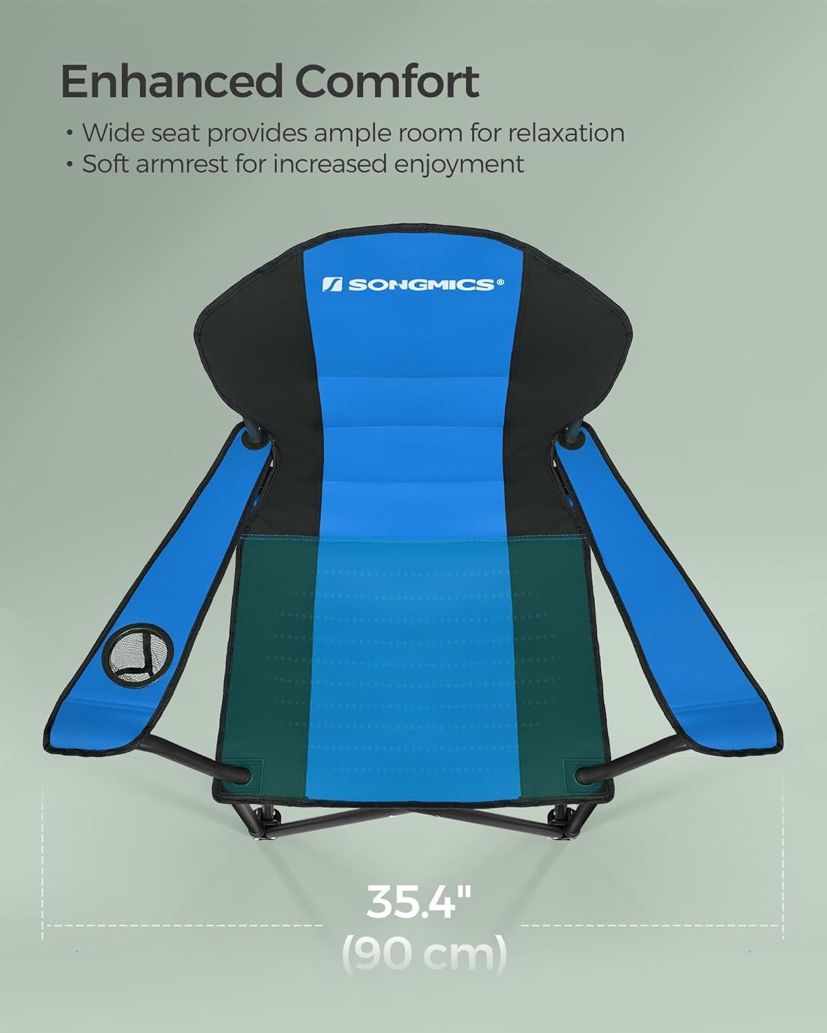 SONGMICS Folding Camping Chair, with Comfortable Sponge Seat, Cup Holder, Heavy Duty Structure, Max Load Capacity 551 lb, Outdoor Picnic Chair, Blue and Black UGCB06BU