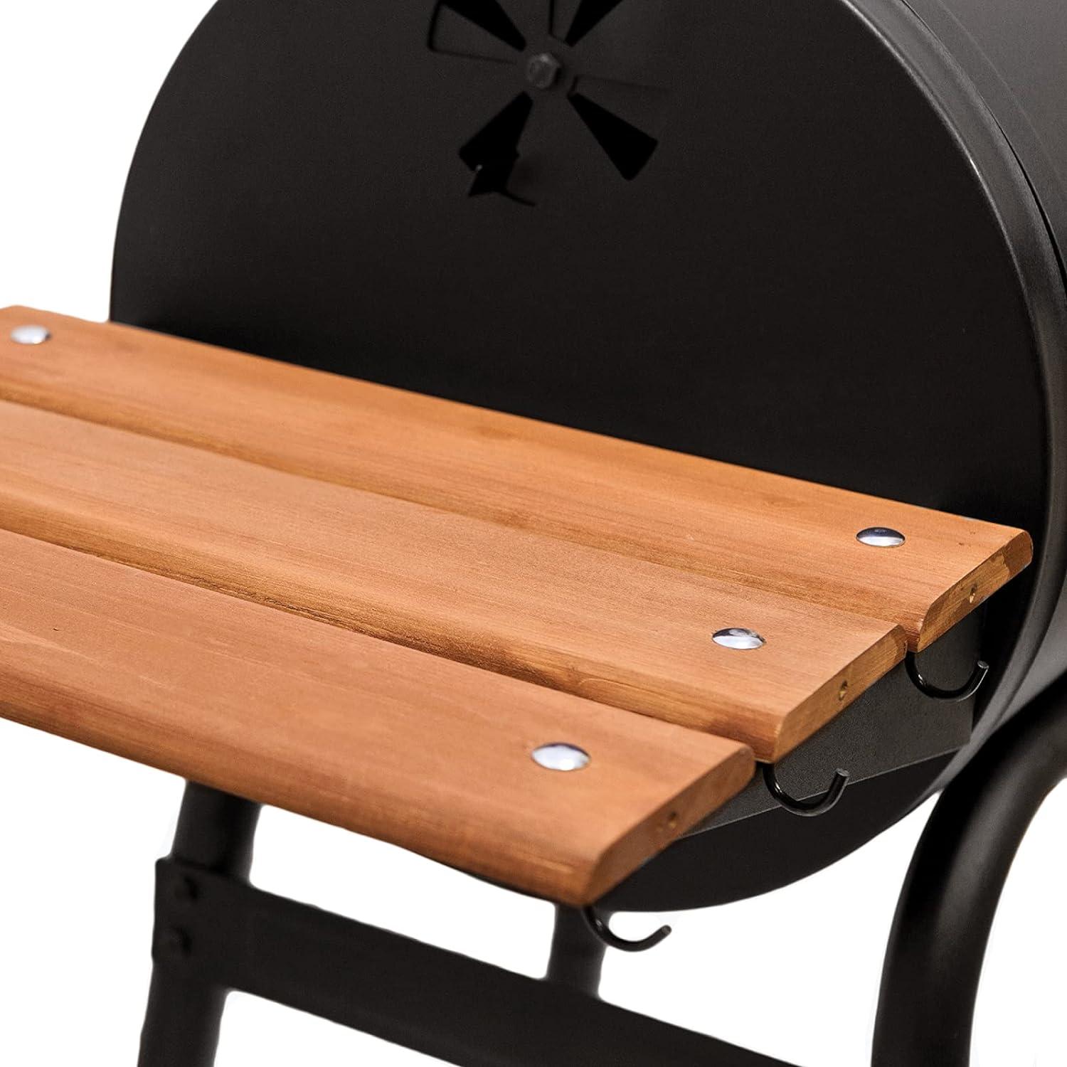 Black Barrel Charcoal Grill with Wood Shelf and Cast Iron Grates