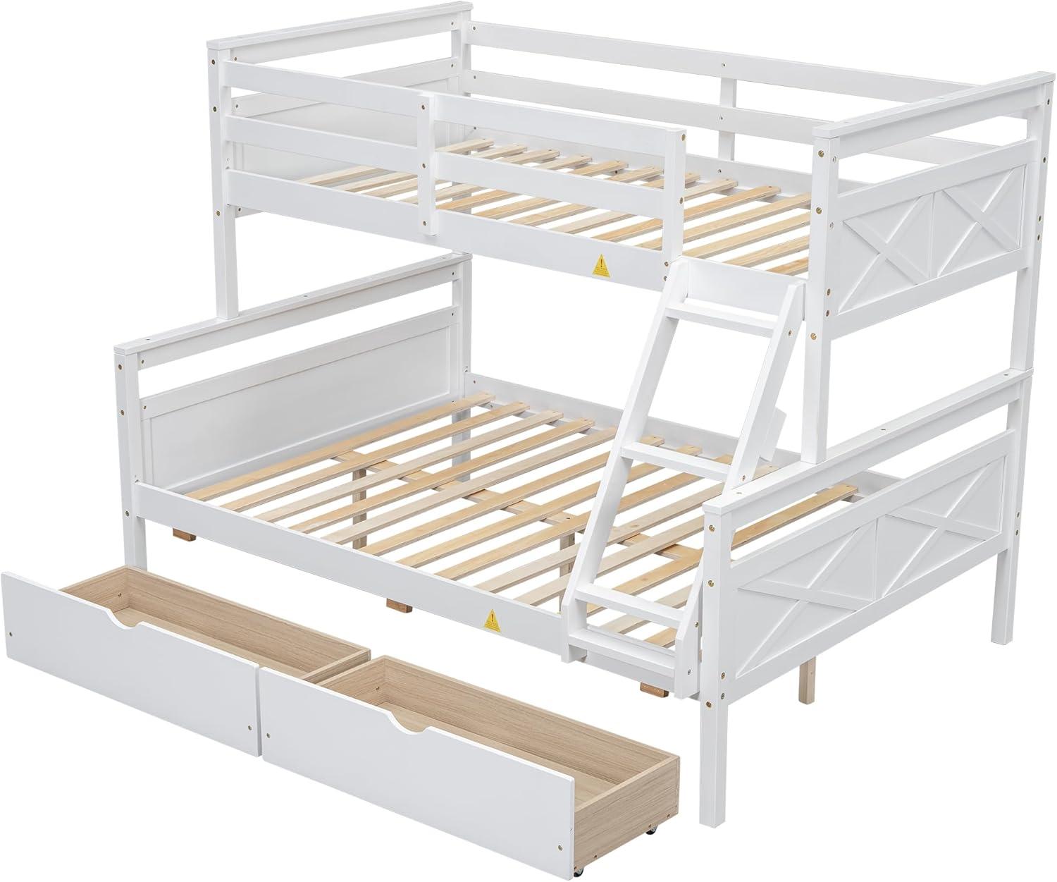 Merax Twin Over Full Bunk Bed with 2 Storage Drawers,Solid Wood Bunk Bed with Ladder and Safety Guardrail for Bedroom Kids Adults, Can be Separated into 2 Beds,White