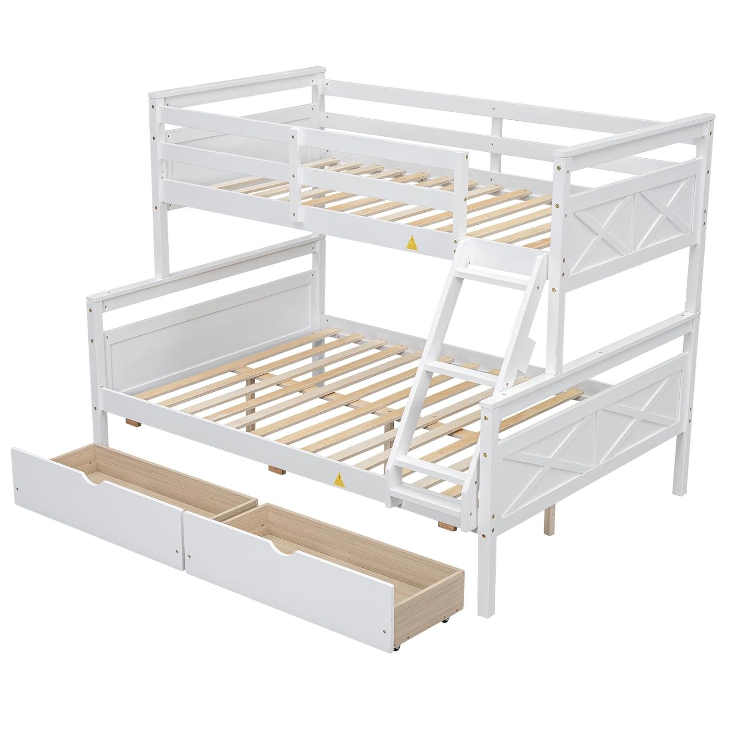 Merax Twin Over Full Bunk Bed with 2 Storage Drawers,Solid Wood Bunk Bed with Ladder and Safety Guardrail for Bedroom Kids Adults, Can be Separated into 2 Beds,White