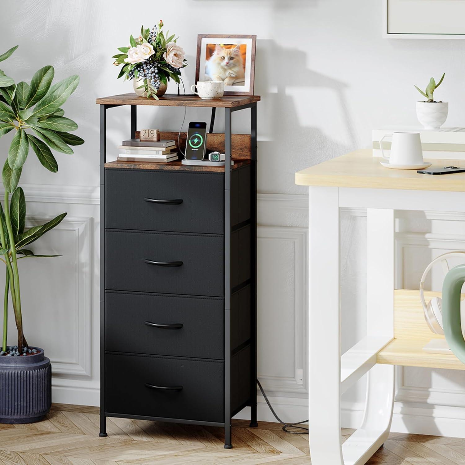Eunos Black Dresser for Bedroom, 4 Drawer Nightstand with Charging Station, LED and Open Shelf