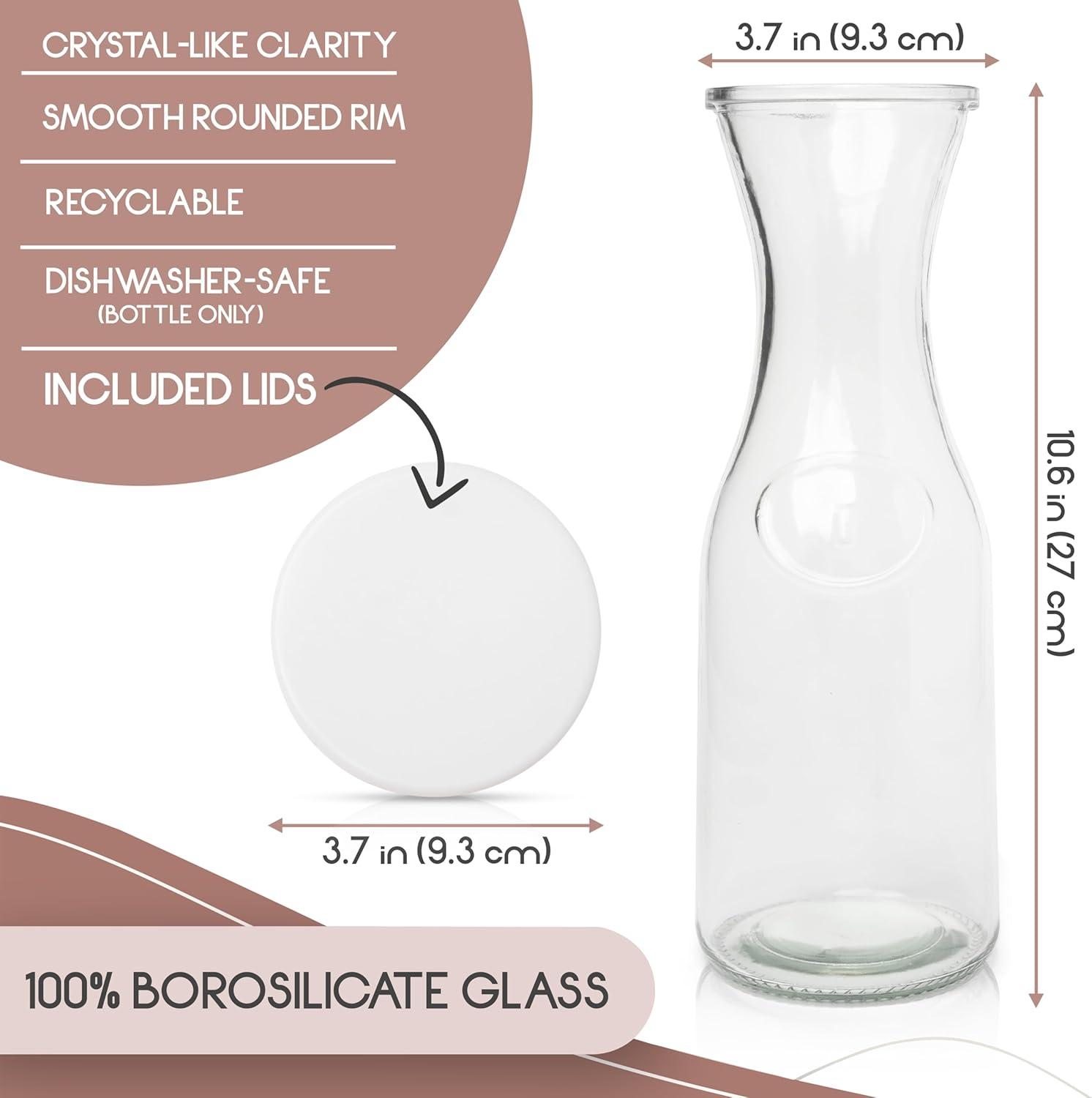 Kook 3-Pc Glass Carafe with Lid Kitchen Set, 35 Oz Glass Bottles with Caps