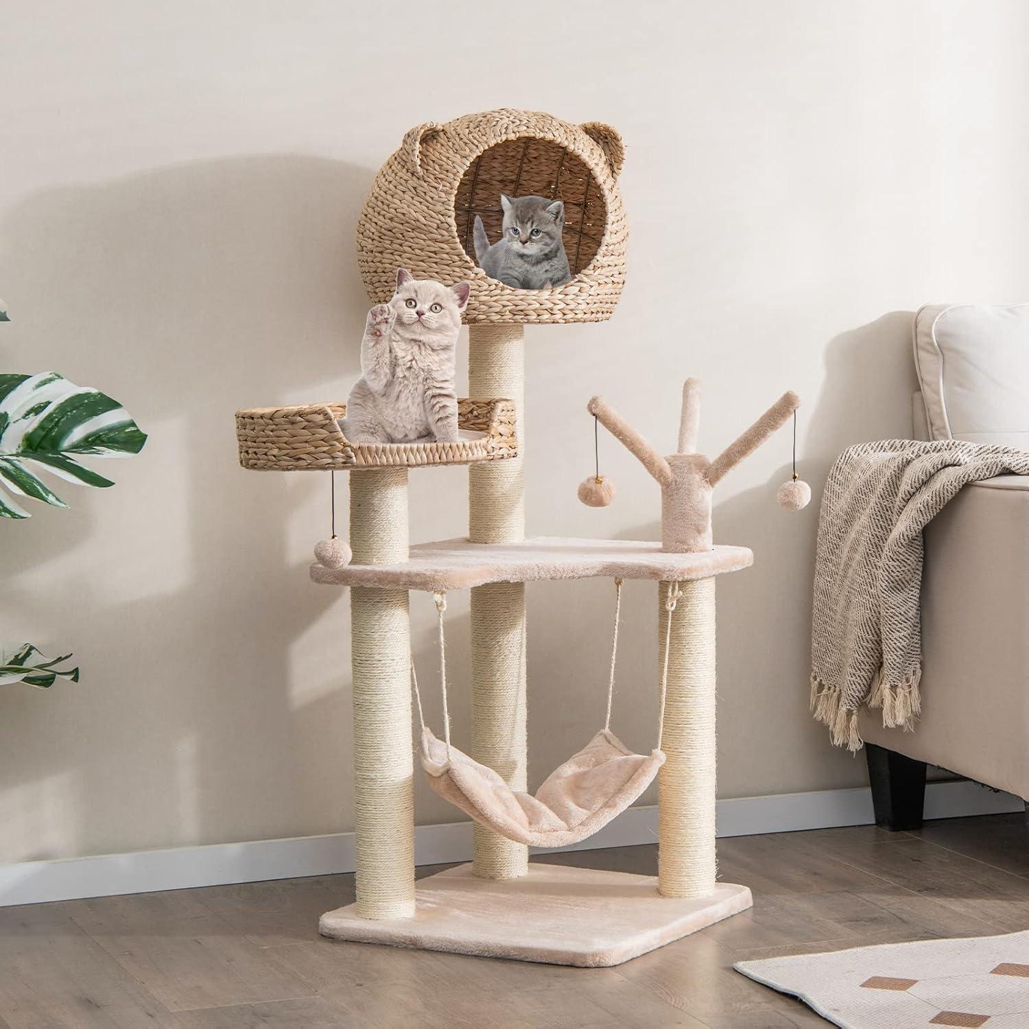 Giantex Wooden Cat Tree, 48 inches Cat Tower with Cattail Condo, Cat Bed, Hammock, Rotatable Jingling Balls, Natural Sisal Scratching Posts, Removable Cushion, Multi-Level Kitten Activity Center