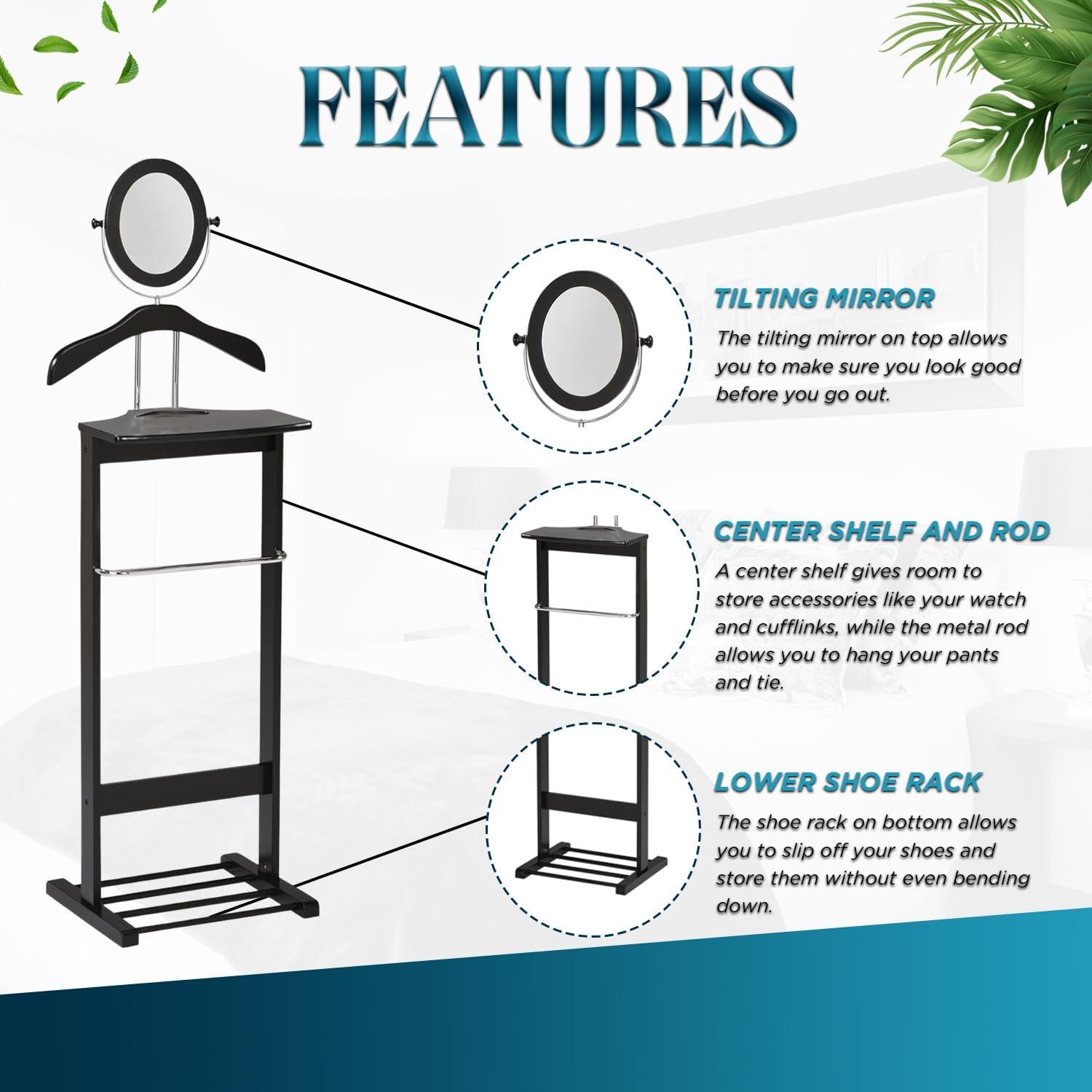 Kings Brand Furniture - Wardrobe Wood Suit Valet Stand, Clothes Trouser Bar Rack, Tie, Belt Hanger and Shoe Rack, Black/Chrome