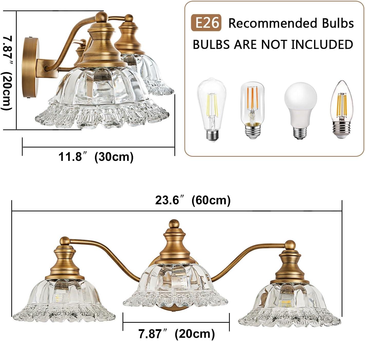 Matte Antique Brass 3-Light Vanity Fixture with Crystal Glass Shades