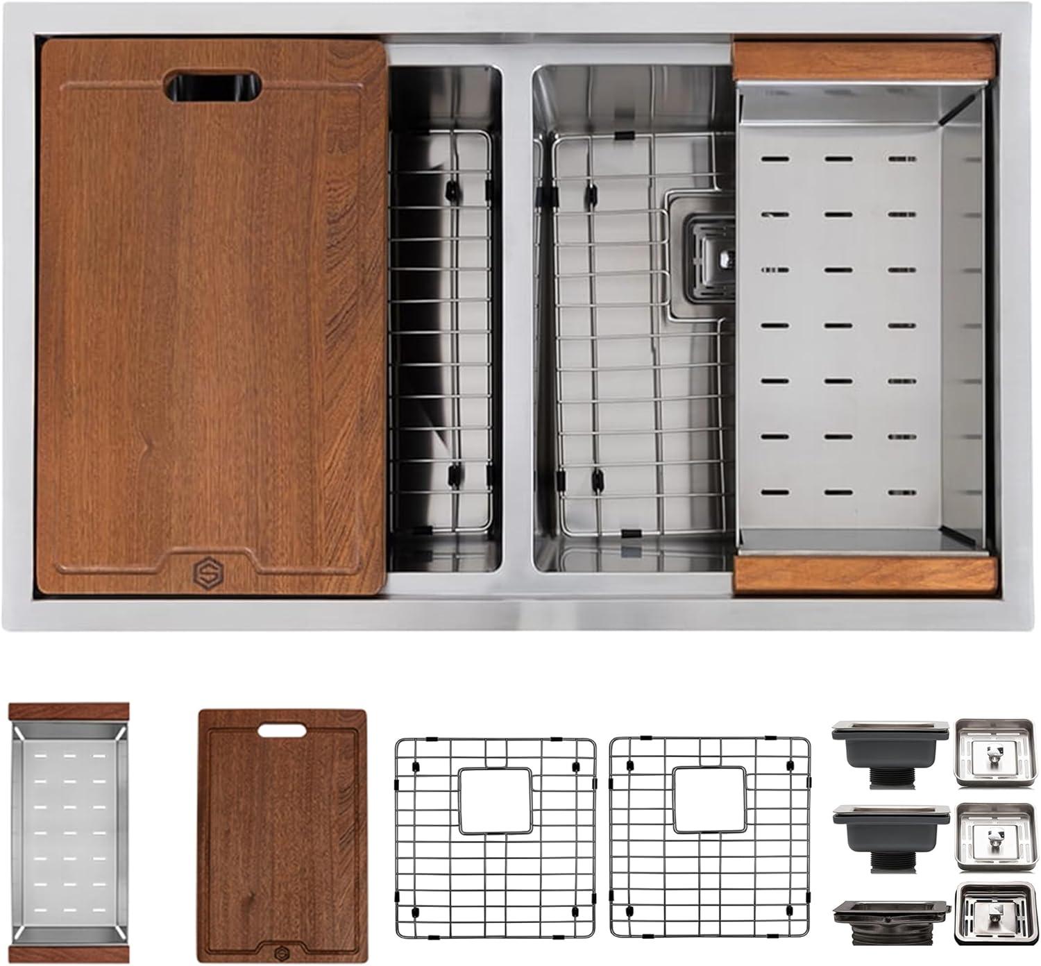 Strictly Sinks 32” Copper Undermount Workstation 16 Gauge Double Bowl Kitchen Sink Stain Resistant