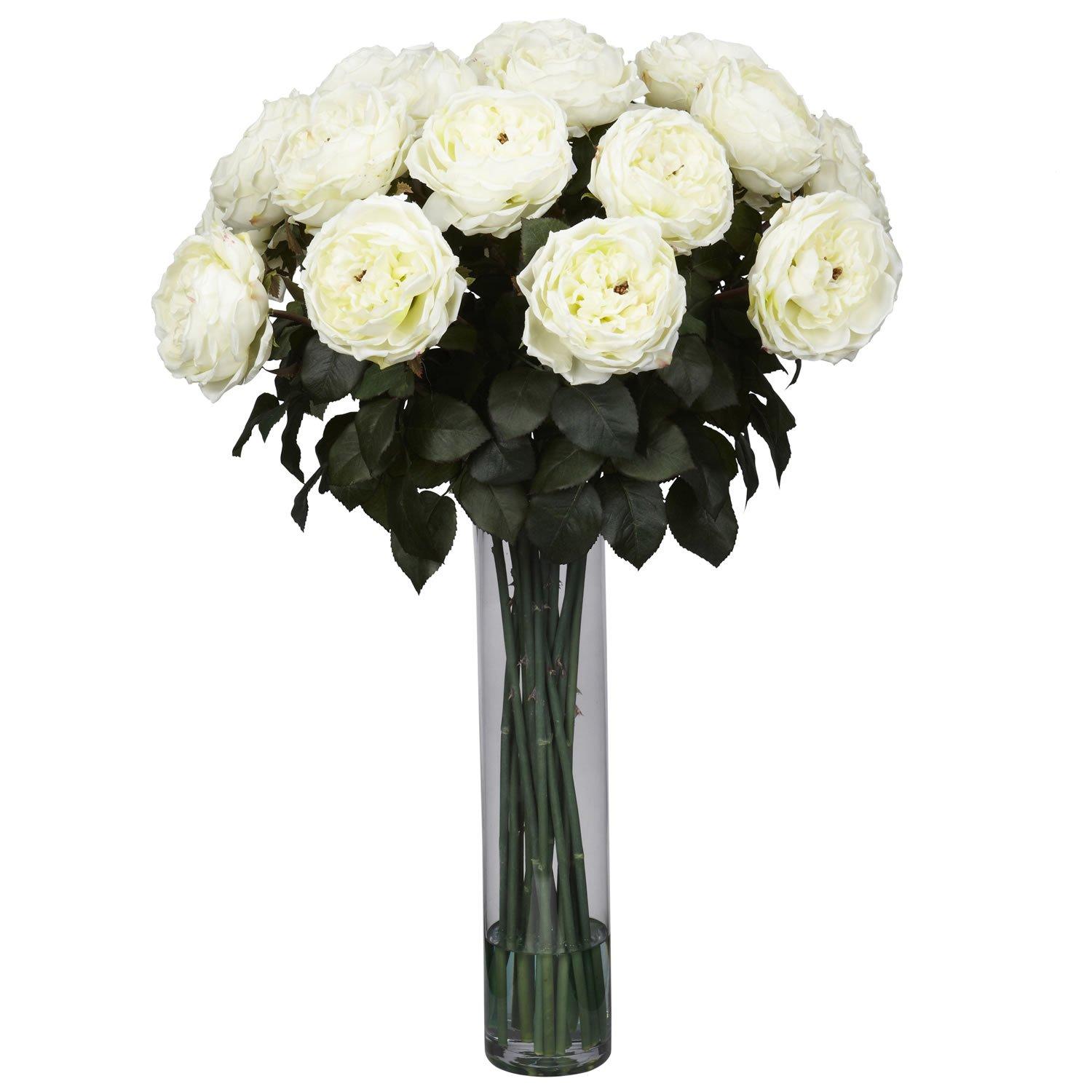 Nearly Natural Fancy Rose Silk Floral Arrangement - White Lifelike Faux Foliage, Elegant Glass Vase