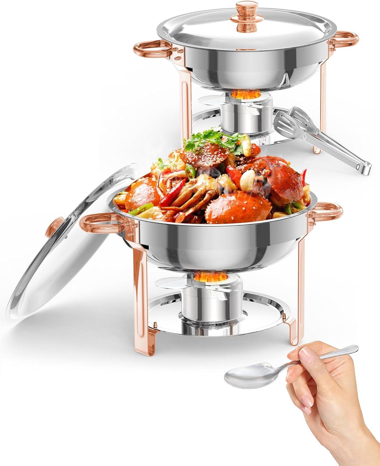 5QT round chafing dish buffet set (2-pack) in Rose Gold, NSF-certified stainless steel with lid, spoon, and tweezer, ideal for catering and events.