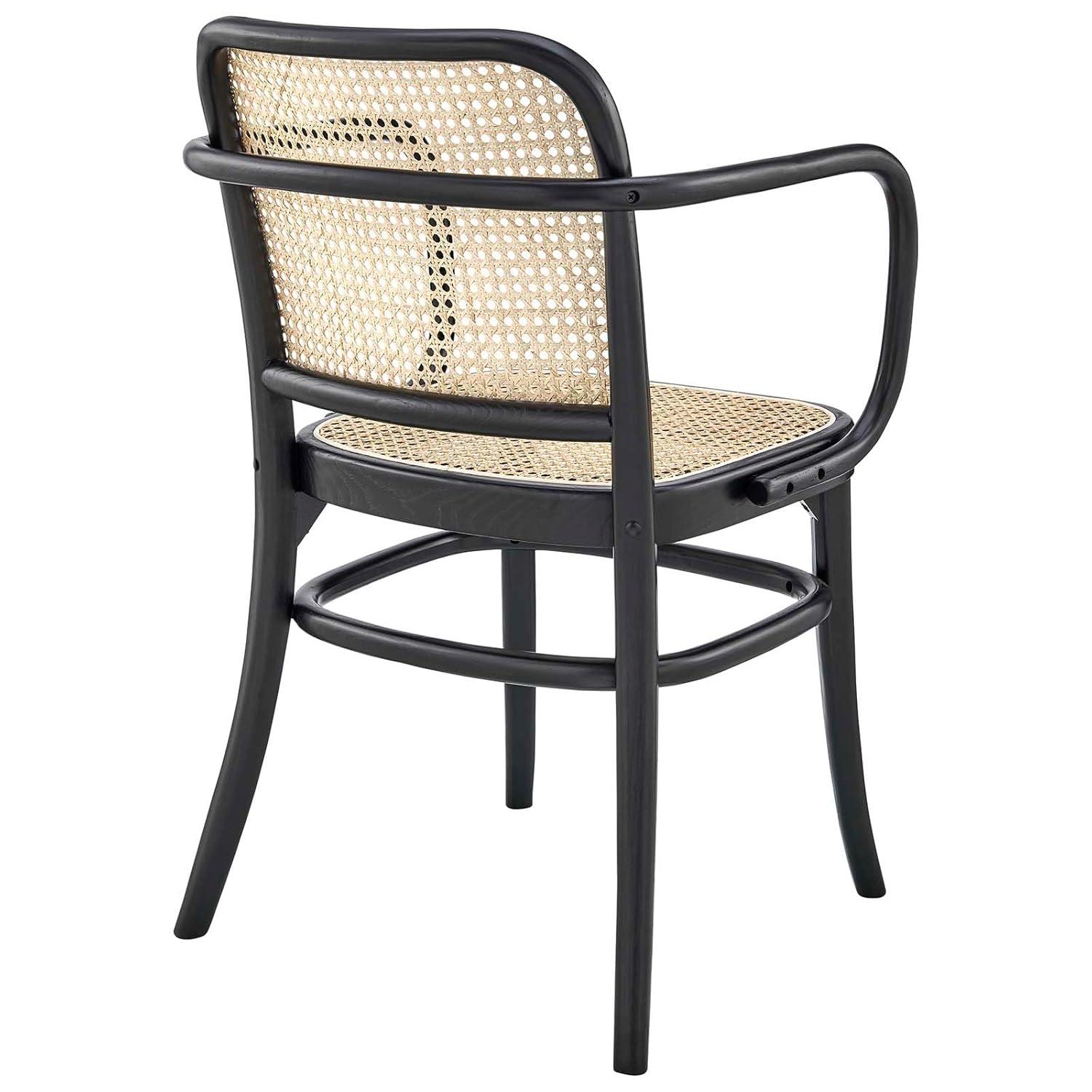 Modway Winona Elm Wood Dining Chair with Cane Rattan Seat – Black – Vintage Modern Accent Chair 21" x 22.5" x 32" with Open Back and Sculpted Frame