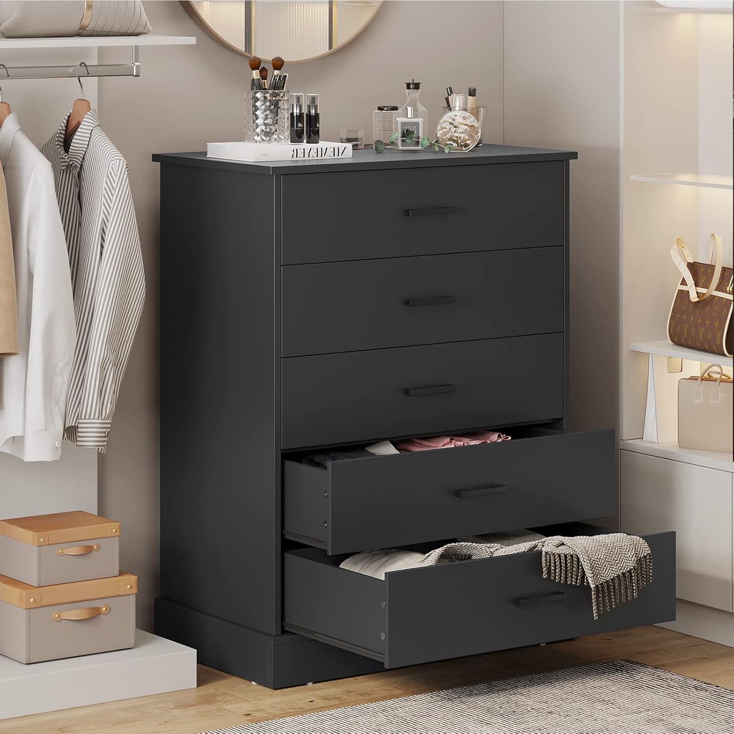 Tall Dresser with 5 Drawers for Bedroom, Storage Tower Clothes Organizer, Black Chest of Drawers with Sturdy Pedestal, 27.6'' W x 15.8'' D x 40.2'' H