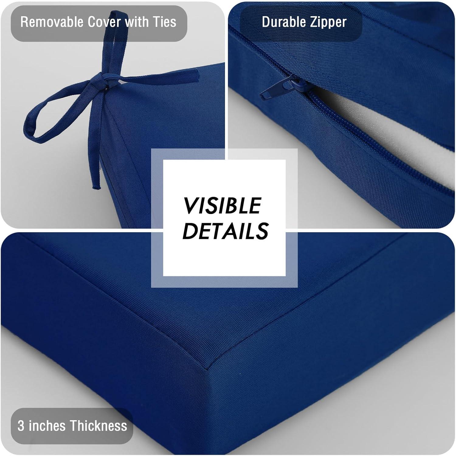 idee-home Outdoor Chair Cushions Set of 2, Waterproof Outdoor Seat Cushions for Patio Furniture, Outside Replacement Chair Pad with Ties for Lawn Deck Porch, 19 x 19 Navy Blue