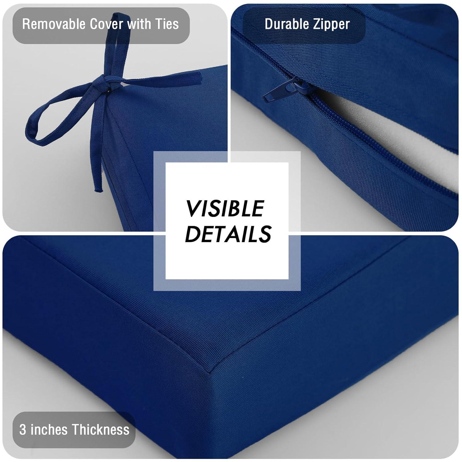 idee-home Outdoor Chair Cushions Set of 2, Waterproof Outdoor Seat Cushions for Patio Furniture, Outside Replacement Chair Pad with Ties for Lawn Deck Porch, 19 x 19 Navy Blue