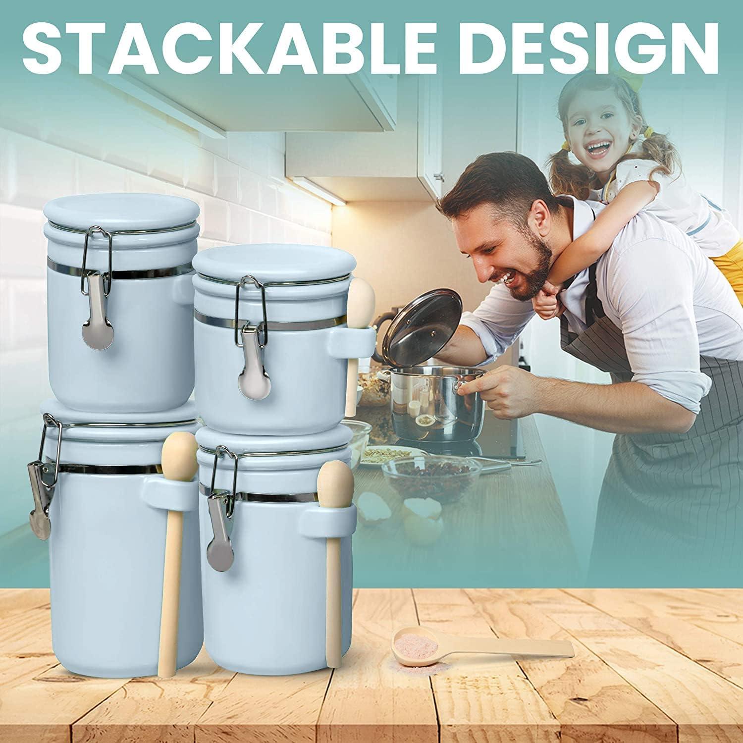Home Intuition 4-Piece Ceramic Kitchen Canisters Set, Airtight Containers with Wooden Spoons Reusable Chalk Labels and Marker for Sugar, Coffee, Flour, Tea (Light Blue)