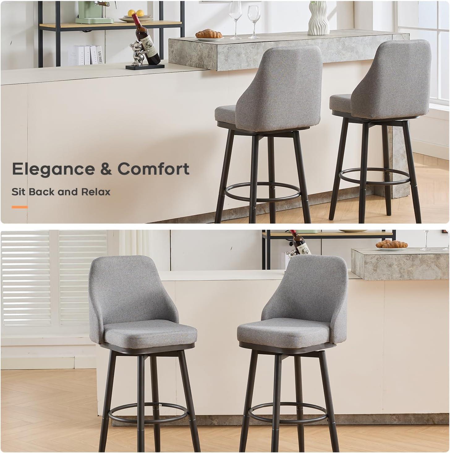 ELIASER Bar Stools Set of 2,Counter Height Barstools Swivel Chair for Kitchen Counter with Back Upholstered Linen Foam Cushion,Metal Leg 29 Inch and 24 Inch Gray