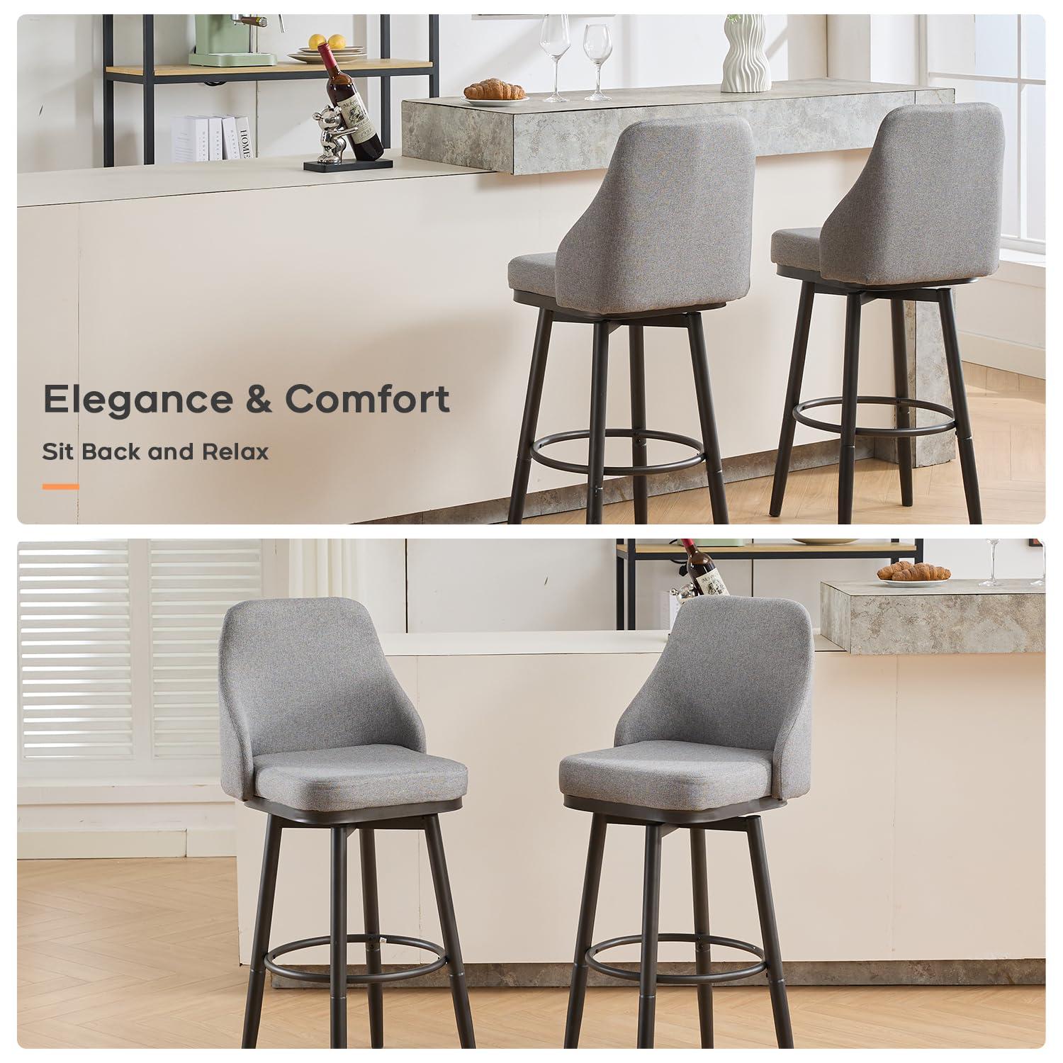 ELIASER Bar Stools Set of 2,Counter Height Barstools Swivel Chair for Kitchen Counter with Back Upholstered Linen Foam Cushion,Metal Leg 29 Inch and 24 Inch Gray