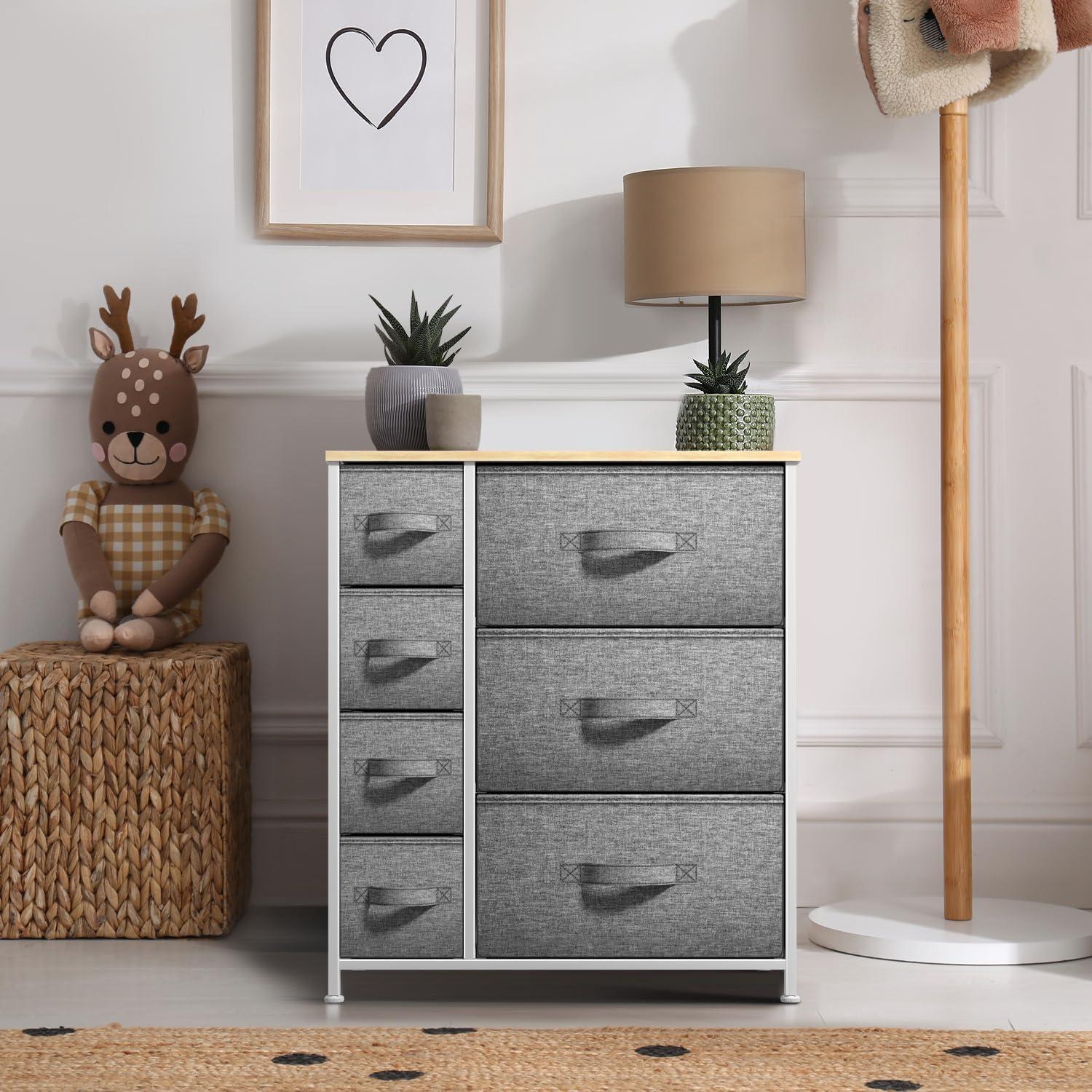 Gray 7-Drawer Fabric Nursery Dresser with MDF Top