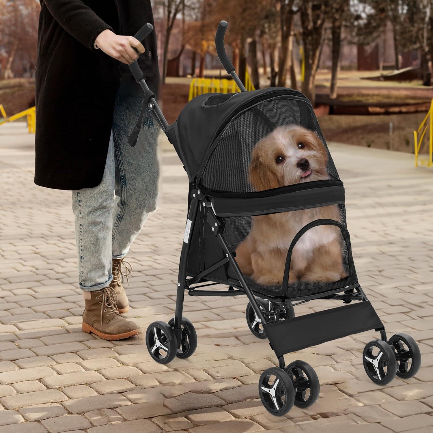 Magshion Foldable Dog Stroller, 4 Wheels Folding Pet Stroller for Small and Medium dogs, Black