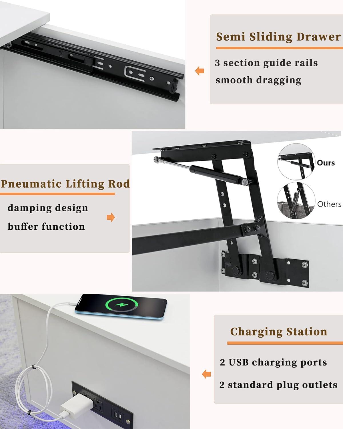 Hommpa LED Coffee Table with USB Ports and Outlets Lift Top Coffee Tables with Storage High Gloss White Rectangular Modern Center Table for Living Dining Room