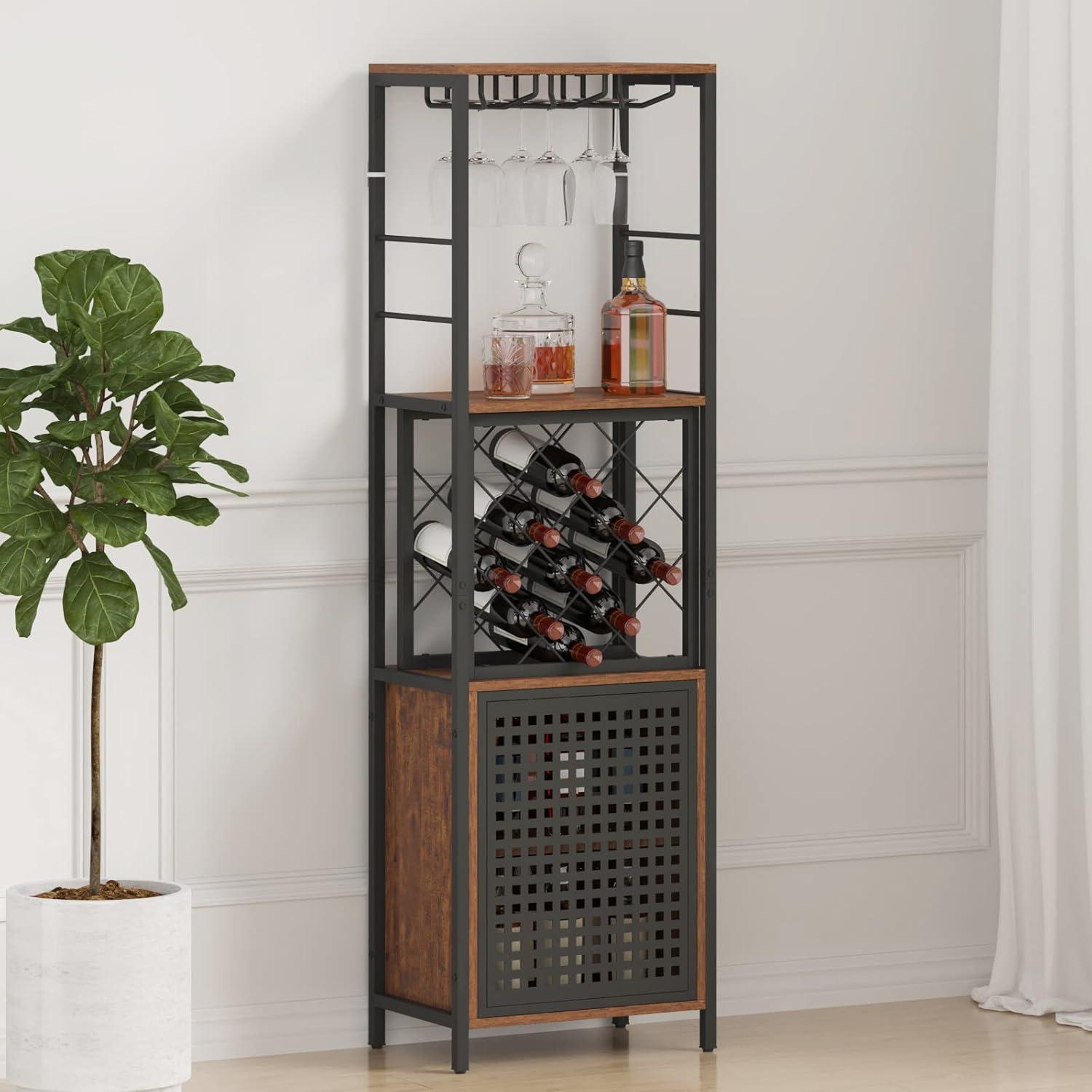 Industrial Black and Natural Wood Bar Cabinet with Wine Rack