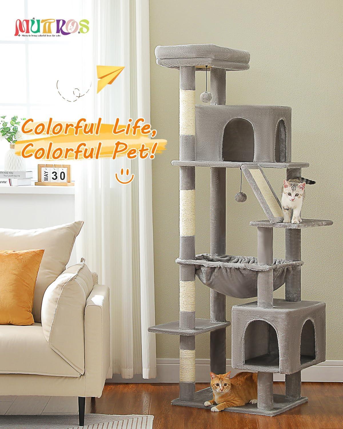 71" Indoor Tall Large Cat Tree Multi-Level Cat House With 2 Big Condo Pad Bed, Cozy Hammock And Scratching Posts