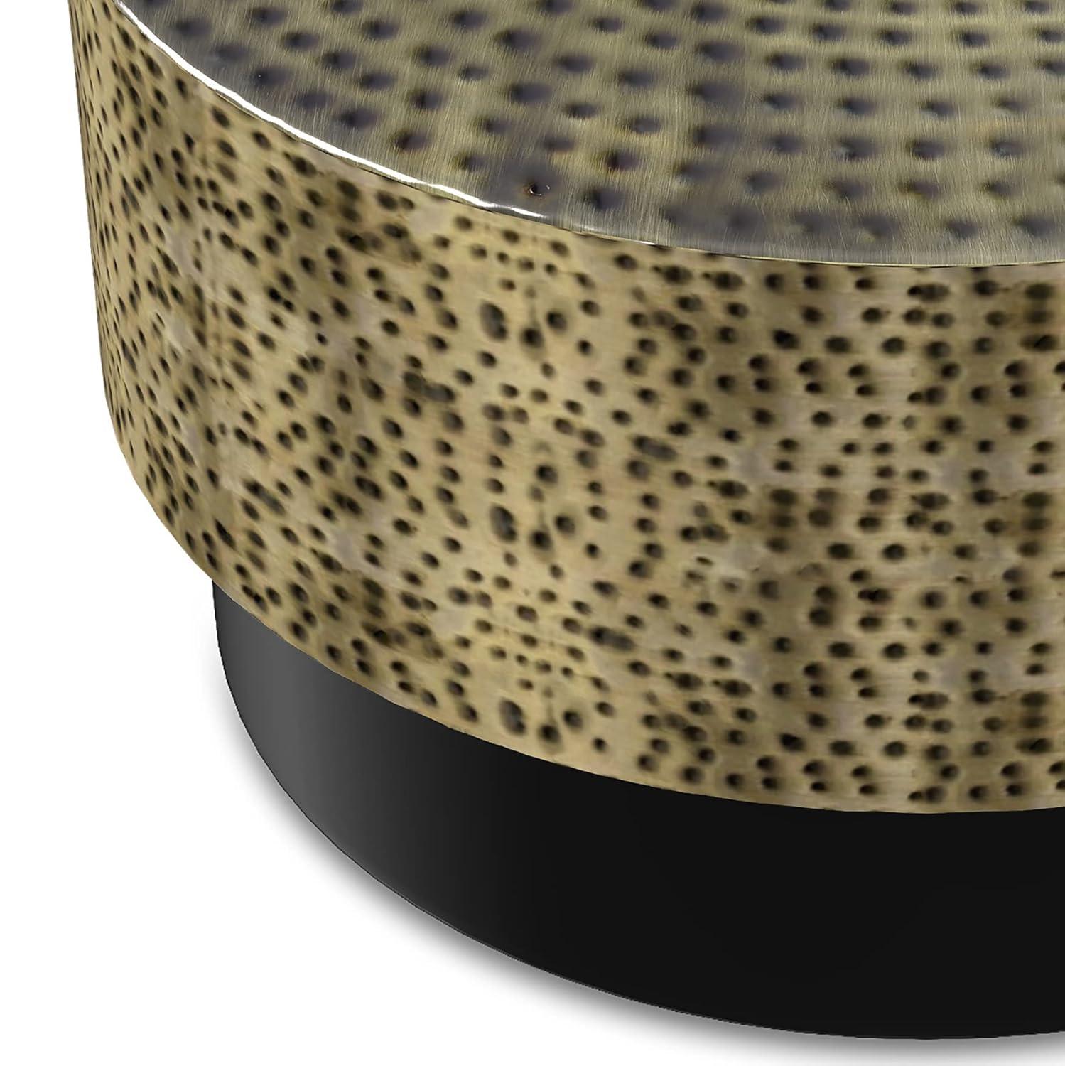 Simpli Home Montrose 30"W Antique Gold and Black Metal Modern Industrial Round Coffee Table with Hammered Texture, Fully Assembled