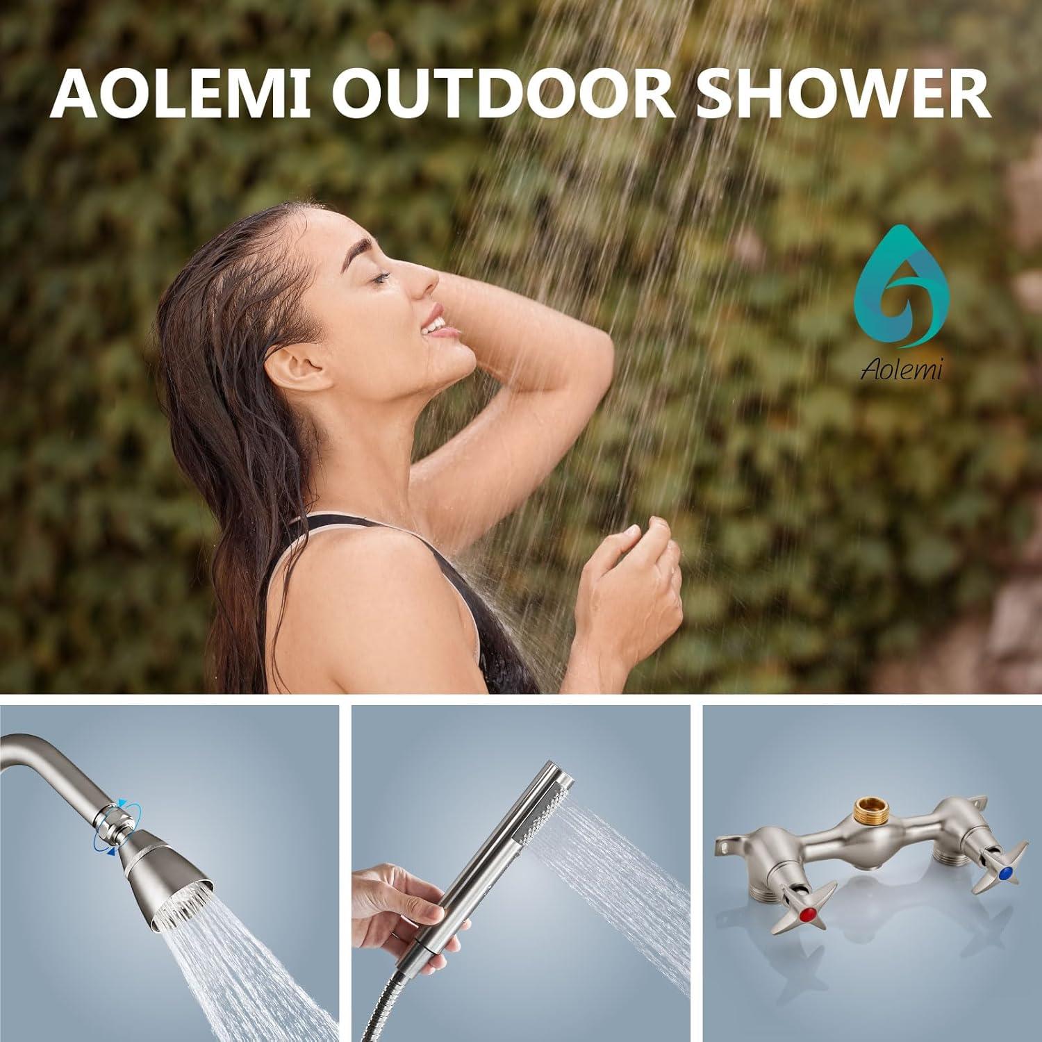 Aolemi Wall Mount Outdoor Shower Kit,Outdoor Shower Fixtures Faucet System with Handheld Spray,Double Handle 6 Inch Center Exposed Shower with Shower Head Polish Chrome