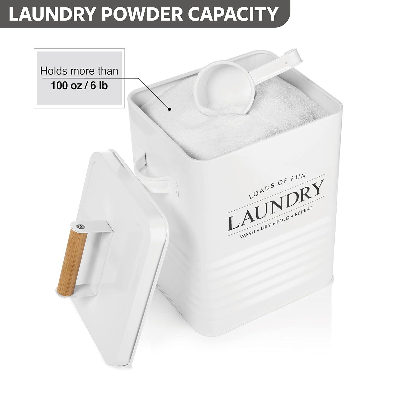 Calindiana Modern Farmhouse Metal Laundry Soap Dispenser with Scoop for Decor and Space Saving Organization, White