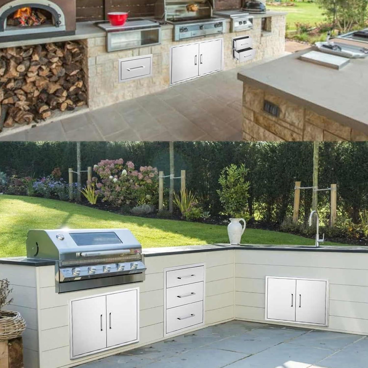Outdoor Kitchen Drawer Stainless Steel 3-Drawer, BBQ Island Built-in Drawer Weatherproof, Flush Mount for Outdoor Kitchen and Grill Station (17"W*30"H*21“D)