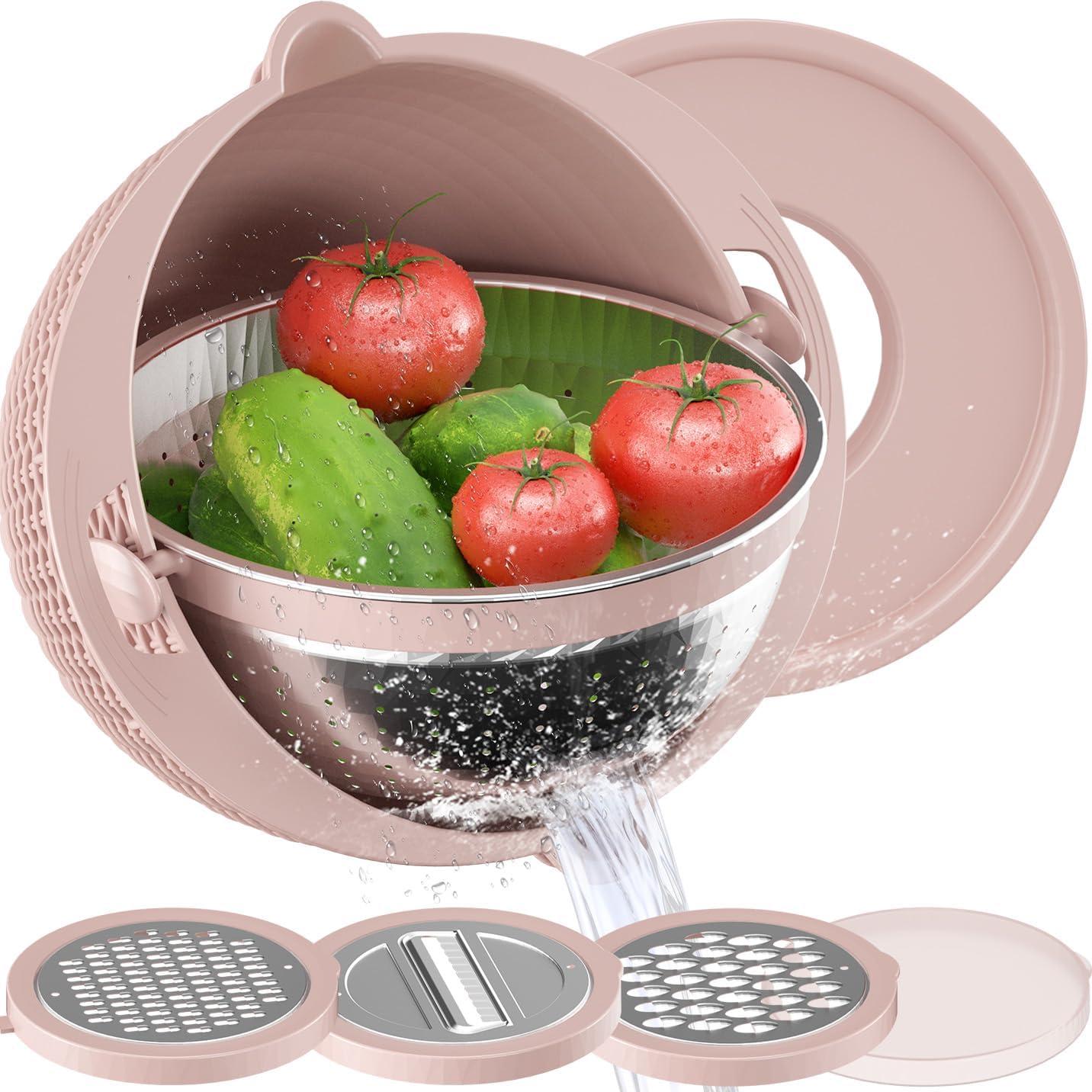 Pink 4-in-1 Stainless Steel Colander with Plastic Mixing Bowl Set