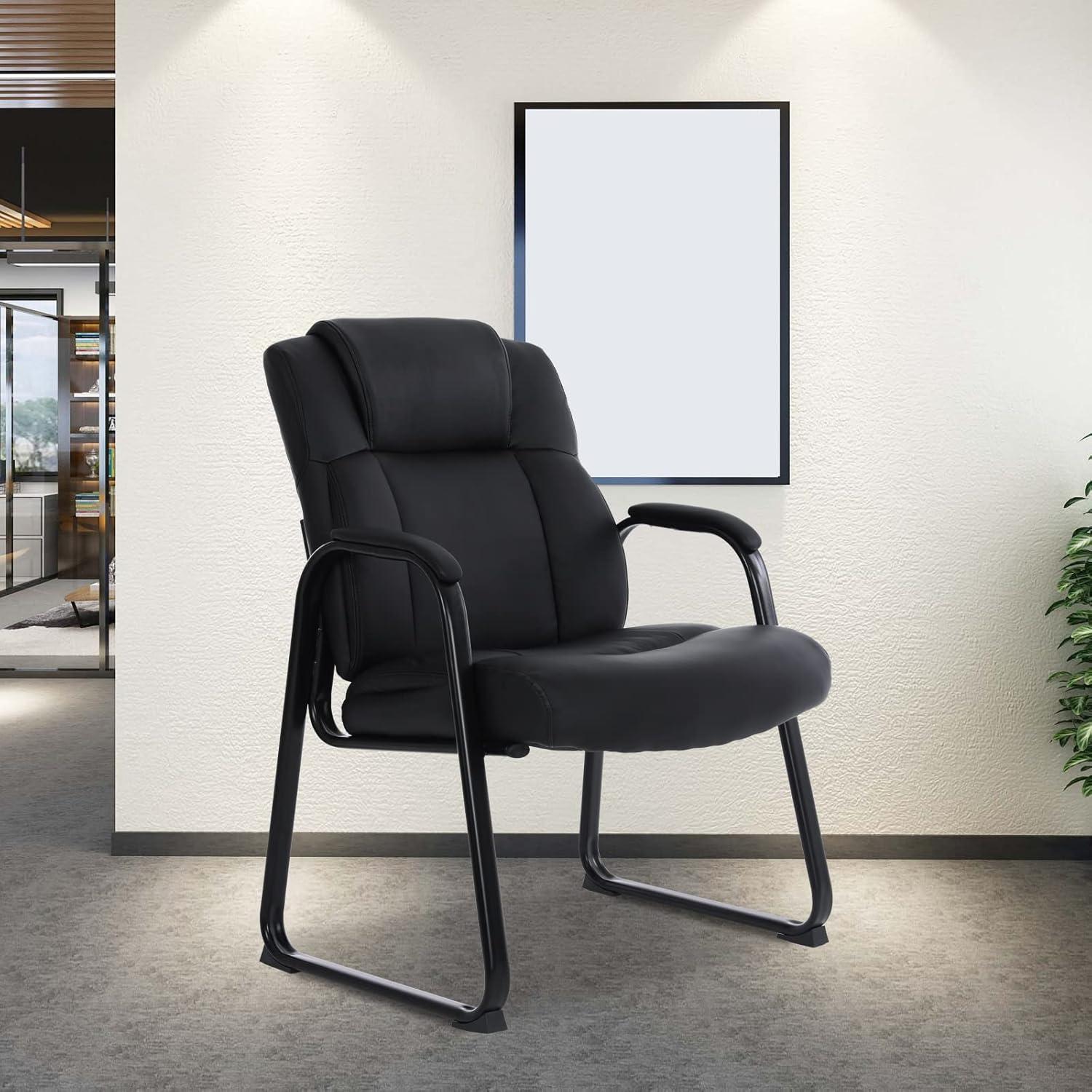 Black Leather Guest Chair with Metal Frame and Padded Armrests