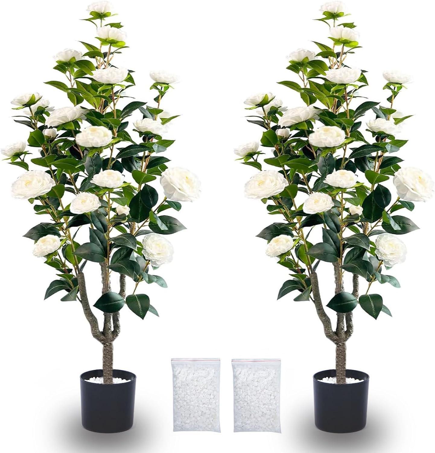 45" Artificial Camellia Tree 2 Pack Large Blooming Tree in Pot with White Flowers, 3.75ft Faux Floral Camellia Plants Fake Greenery Potted Tree for Indoor, Outdoor, Home,Office