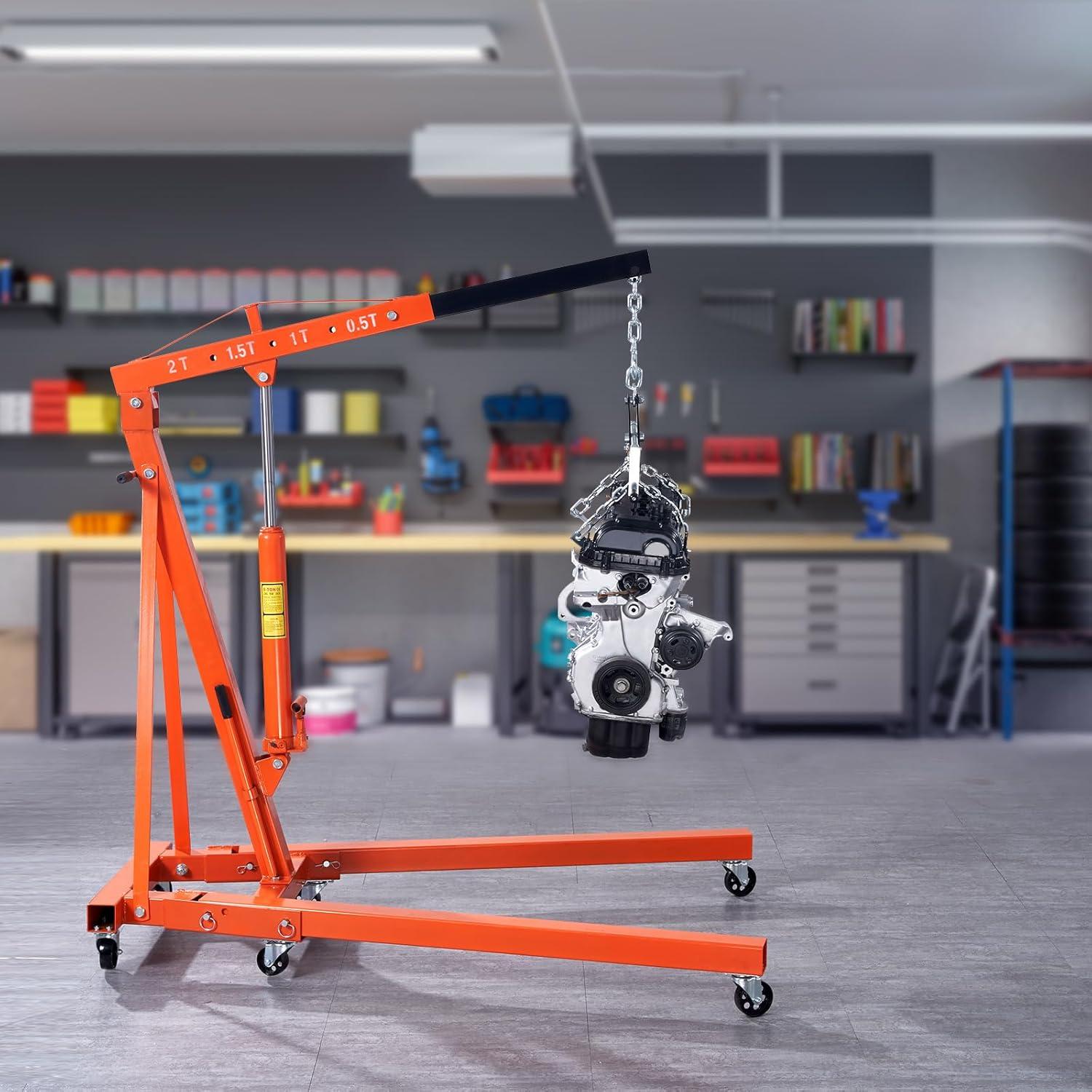 BENTISM 2T Folding Engine Crane Movable Engine Hoist with Load Leveler 4400 lbs/2 ton Heavy-Duty Cherry Picker Shop Crane Adjustable Boom Engine Crane