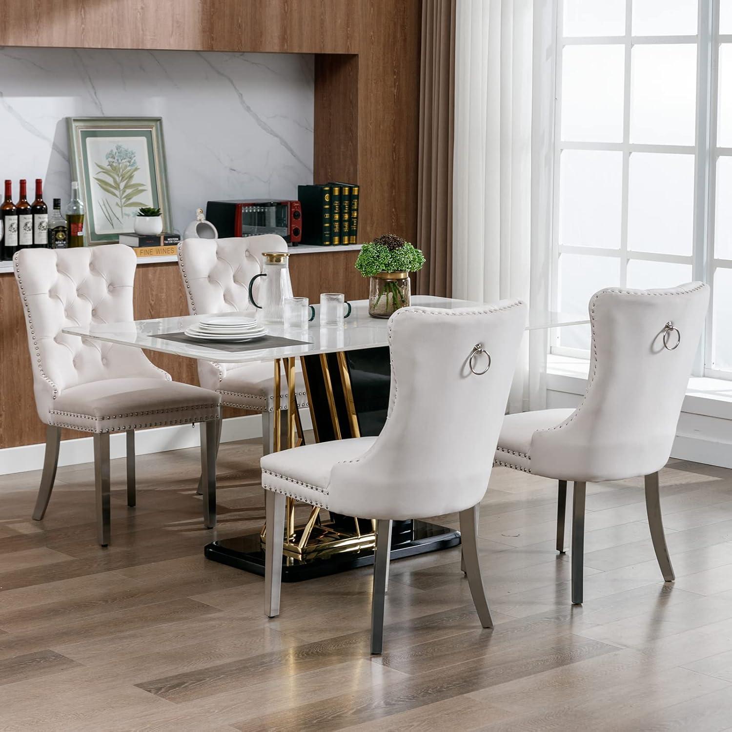 ODUSE-DAILY Beige Velvet Dining Chairs Set of 4, Kitchen & Dining Room Chairs, Tufted Dining Chairs, FabricUpholstered, Solid Wood, Sillas De Comedor (Beige, 4 Pcs)