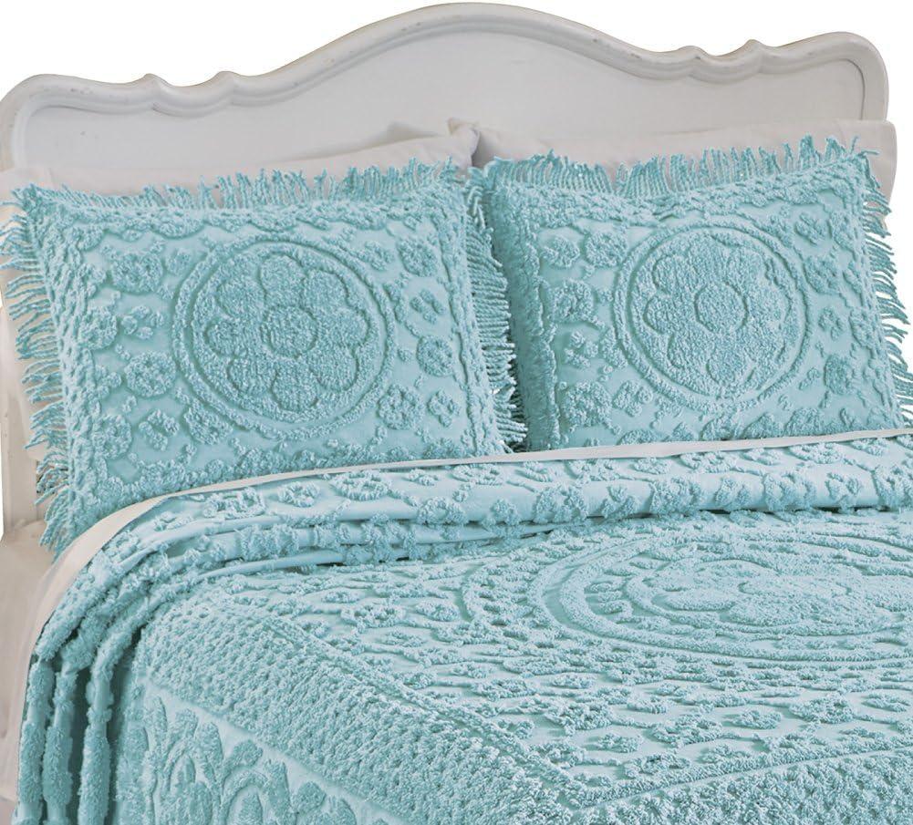 Turquoise Cotton Chenille Floral Standard Pillow Sham with Fringe