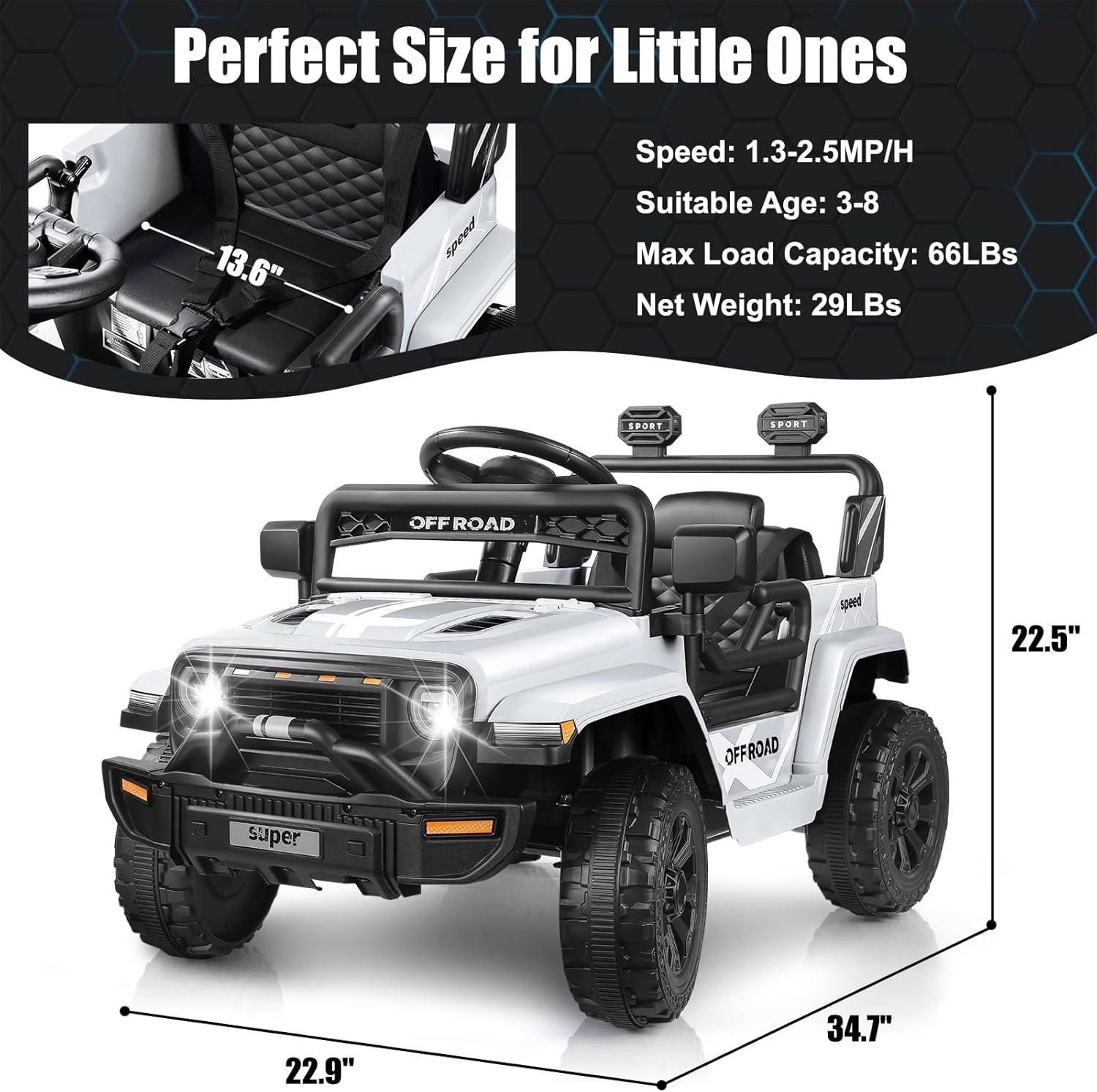 Himimi 12V Ride On Toys For Kids With Remote Control, 1 Seater Kids Electric Car Jeep,LED Lights, Multi-Speed Transmission, MP3 Player