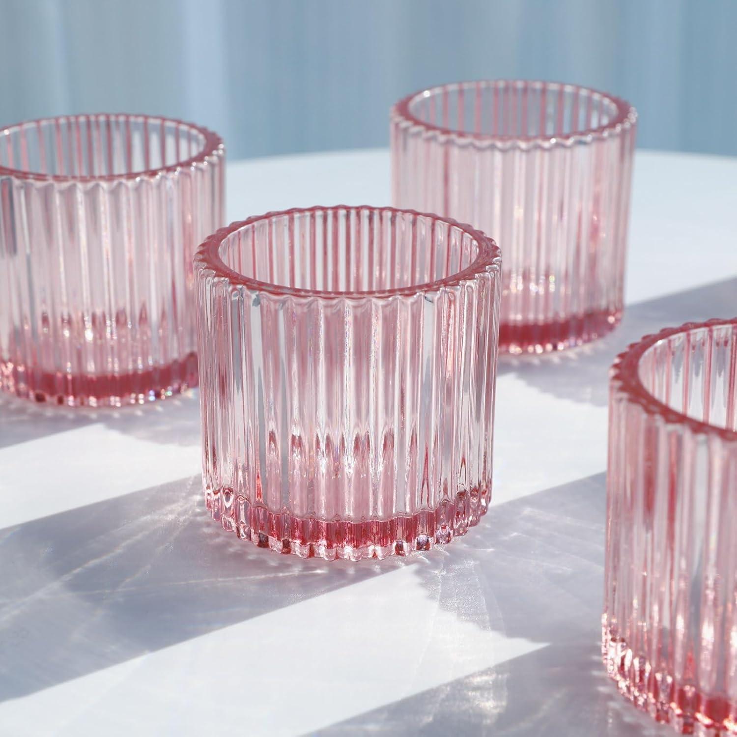 Koyal Wholesale Blush Pink Ribbed Candle Holders, Set of 6