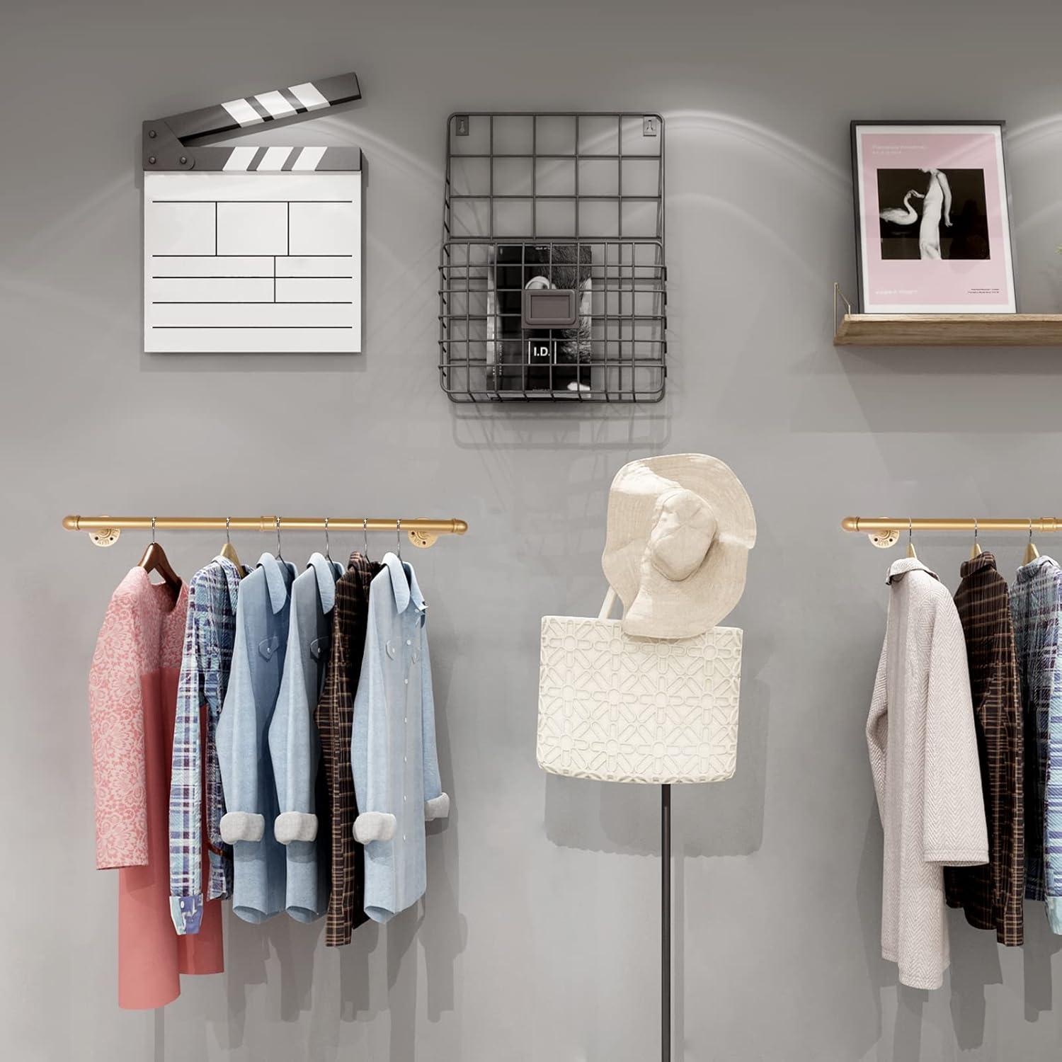 AddGrace 2 Pack Industrial Pipe Clothes Rack Gold Wall Mounted Clothing Rack for Hanging Clothes 34.5 Inch Multi-Purpose Garment Bar for Wardrobe and Laundry Room