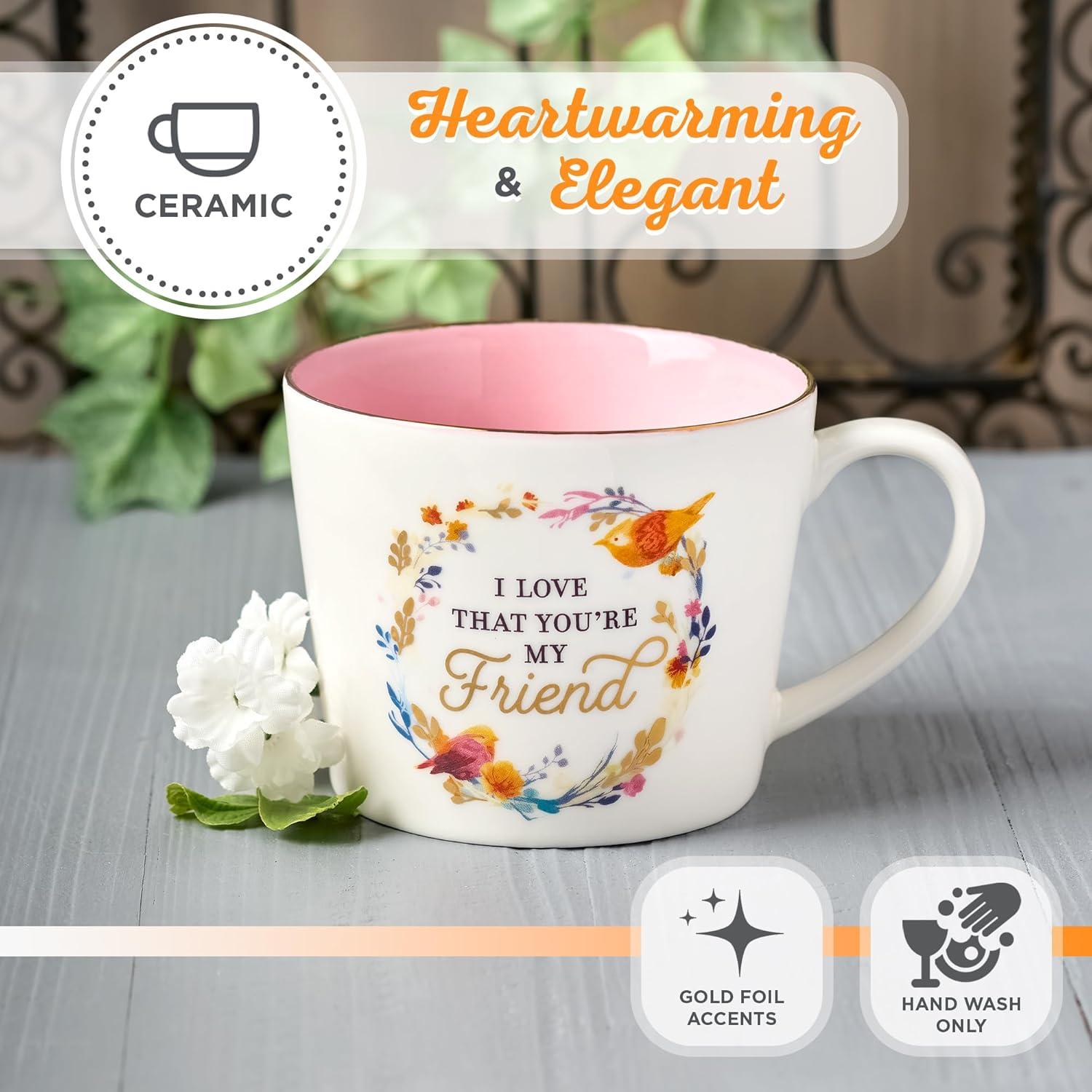 Christian Art Gifts Novelty Ceramic Floral Coffee & Tea Mug for Women: I Love that You're My Friend - Prov. 27:9 Inspirational Scripture, Lead-free Multicolor w/Birds & Gold Design, White/Pink, 13 oz.