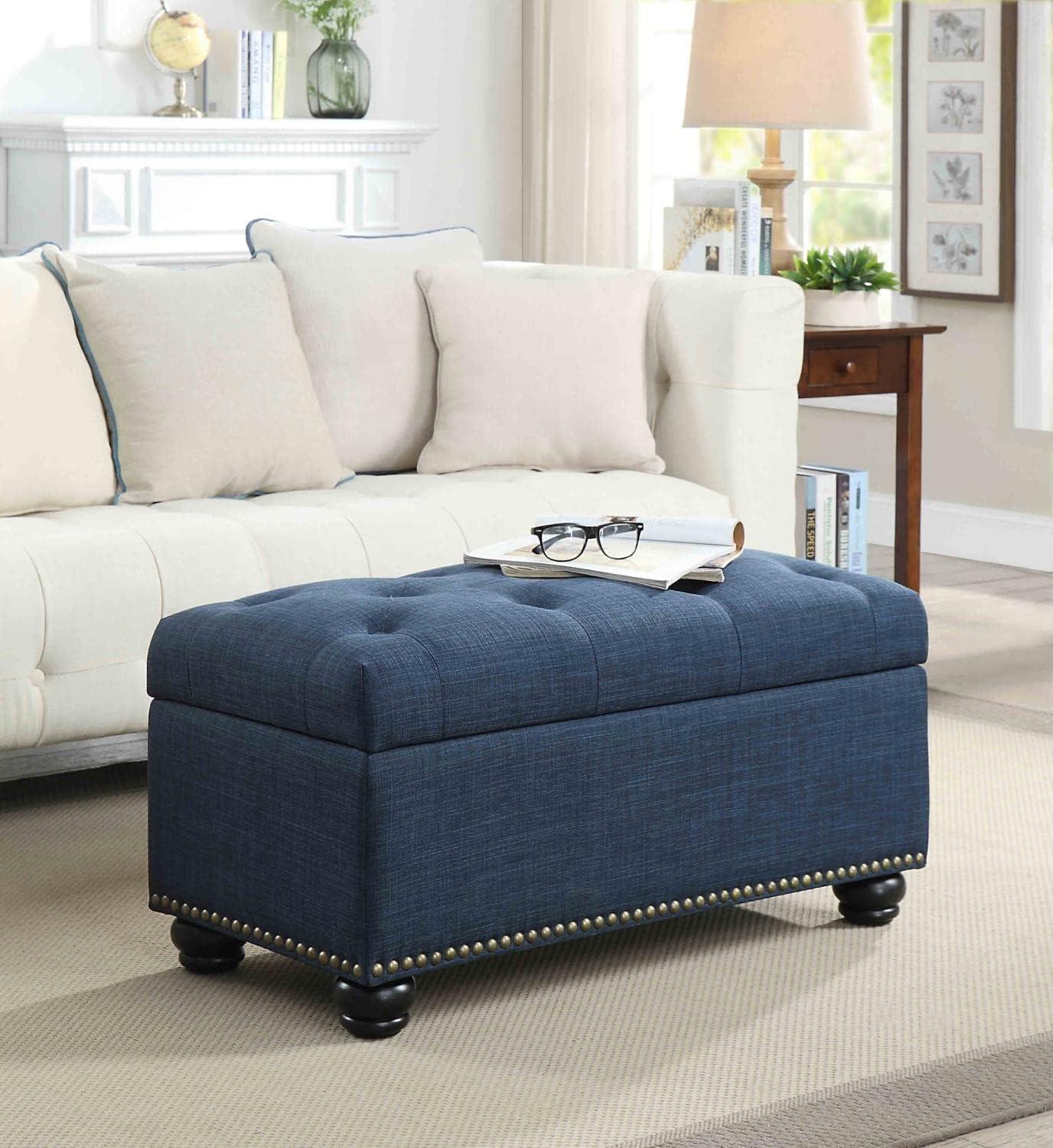 Elegant Blue Velvet Tufted Footstool with Nailhead Trim and Storage