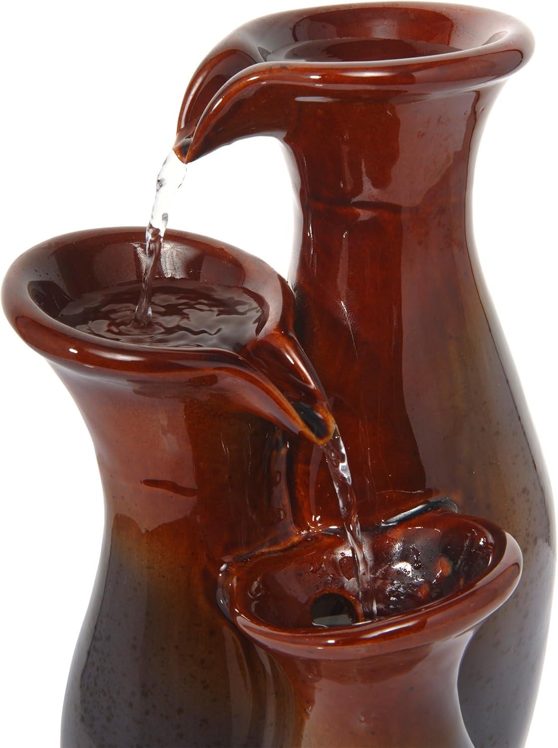 Alpine Corporation 11"H Indoor Tiered Glossy Ceramic Vase Tabletop Fountain, Brown/Gray