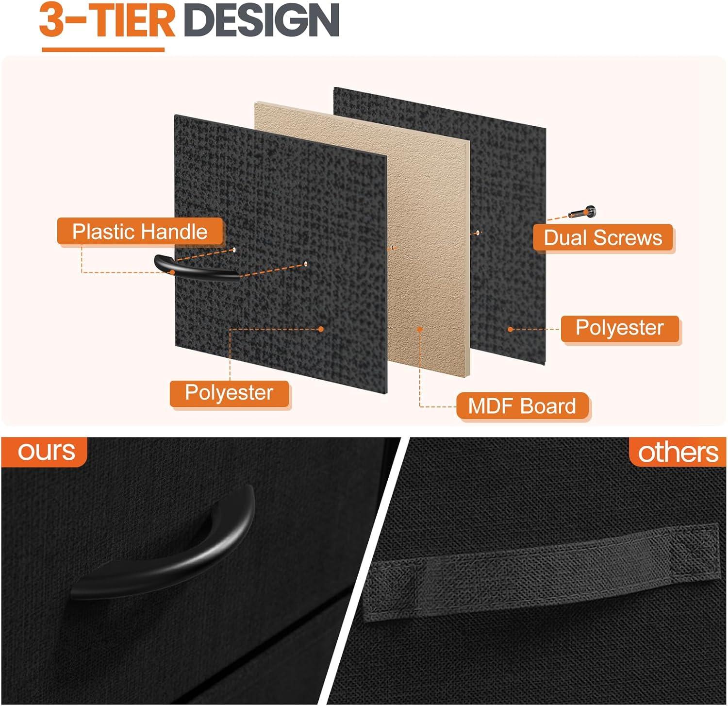 CONCETTA Cómoda de Tela 2, Mesita de Noche Ajustable de 20 Pulgadas con Cajones para Dormitorio, Entrada, Armario, Negro