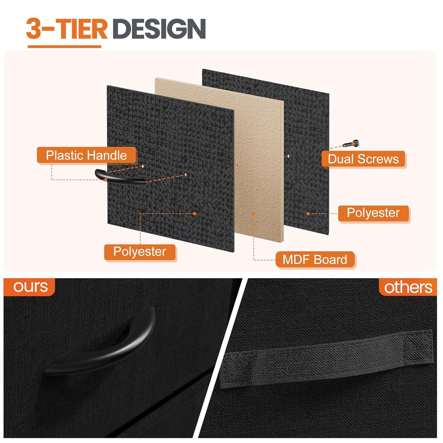 CONCETTA Cómoda de Tela 2, Mesita de Noche Ajustable de 20 Pulgadas con Cajones para Dormitorio, Entrada, Armario, Negro