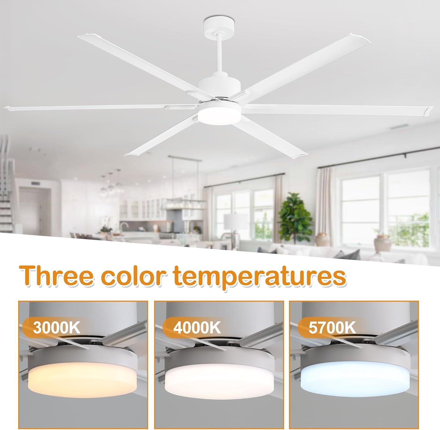 72" White Metal Ceiling Fan with LED Light and Remote Control