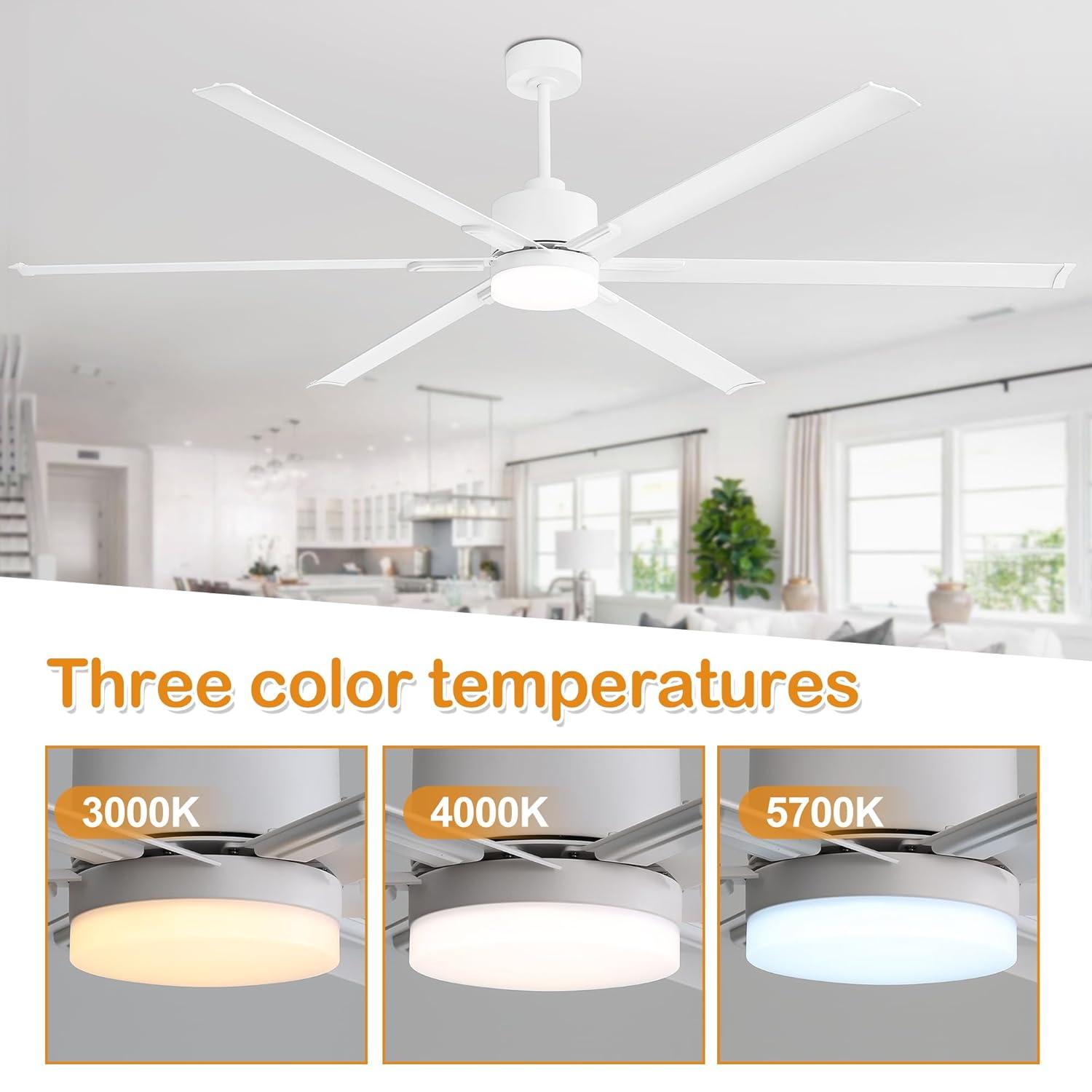 72" White Metal Ceiling Fan with LED Light and Remote Control