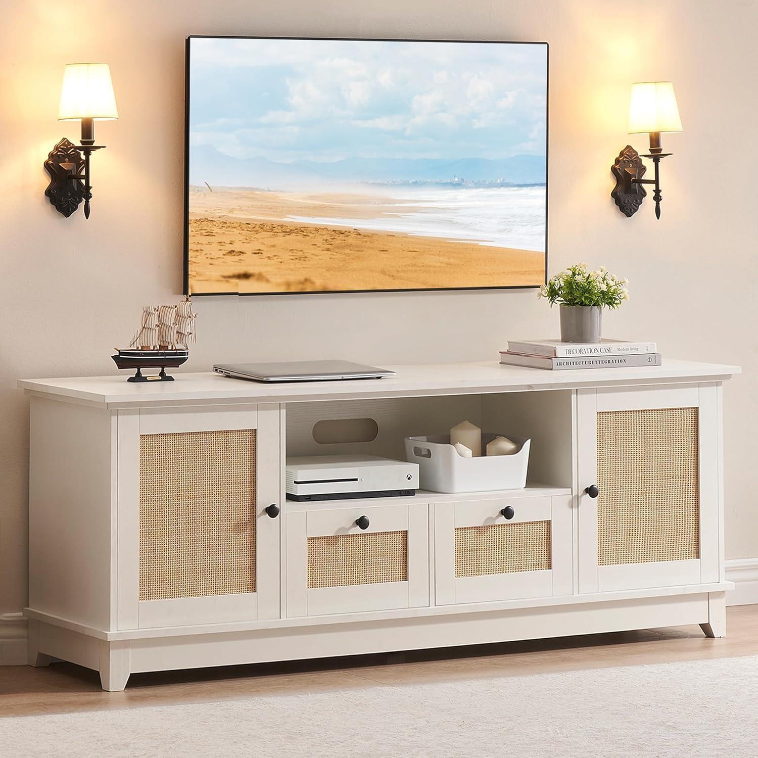 White Rattan TV Stand with Cabinets and Adjustable Shelves