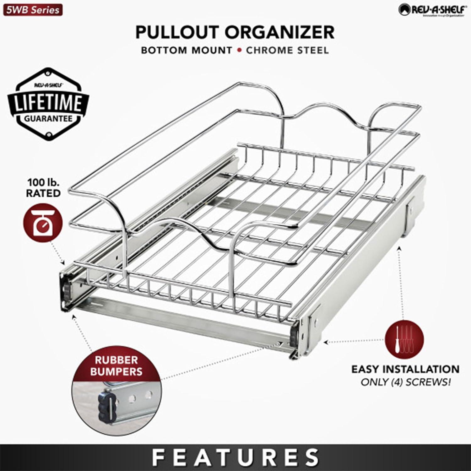 Rev-A-Shelf 5WB1-0918 Single Wire Basket Pull Out Shelf Storage Organizer for Kitchen Base Cabinets, Silver